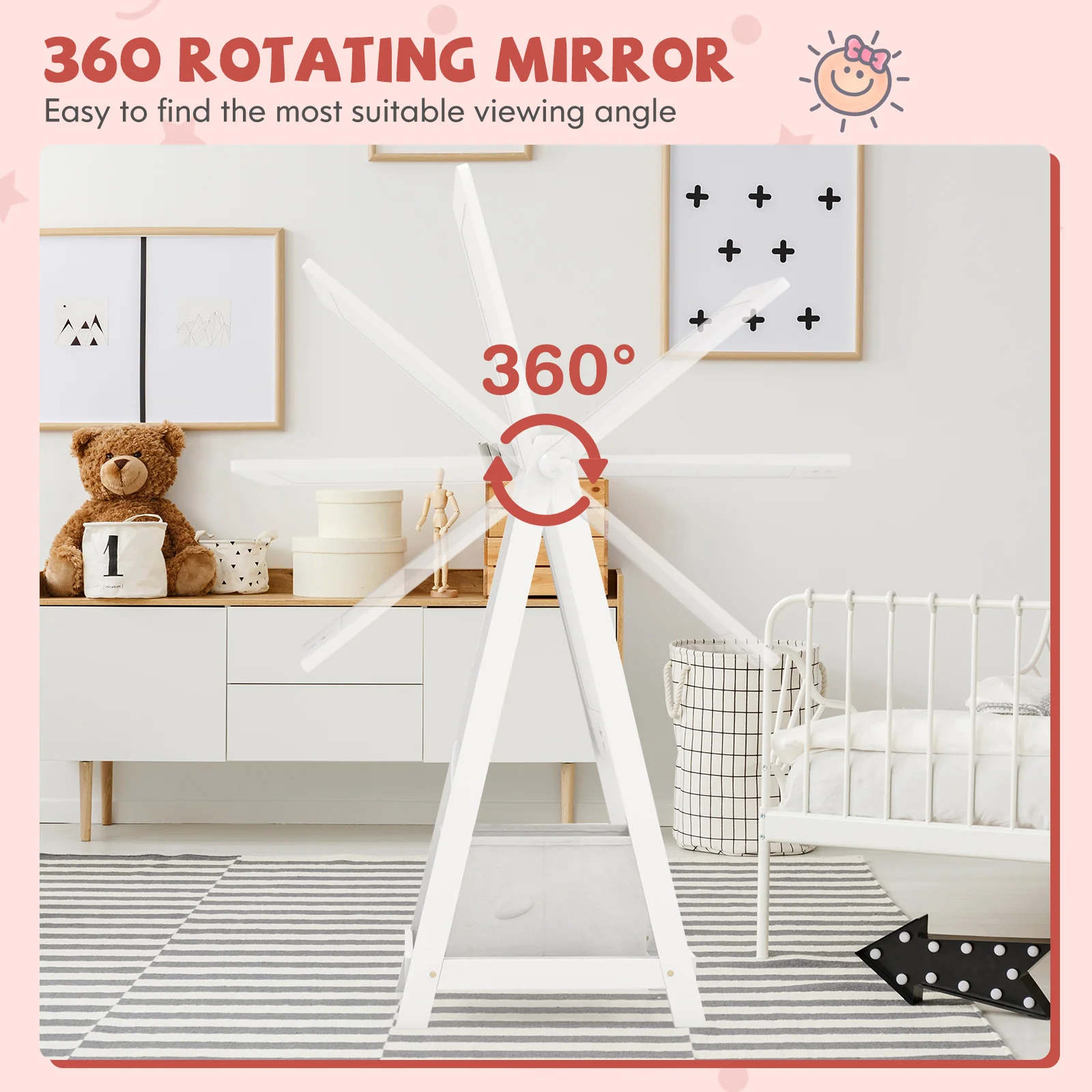 Kids Full Length Mirror, 360 Degree Rotatable, Storage Bin, White - Image 9