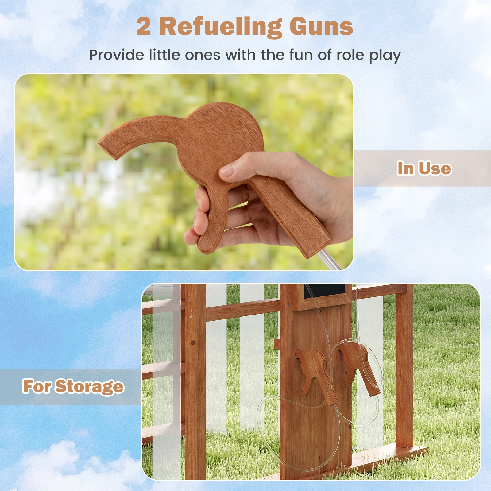 Kids Gas Station Playhouse With Gas Refueling Guns, Aged 3+, Brown - Image 10