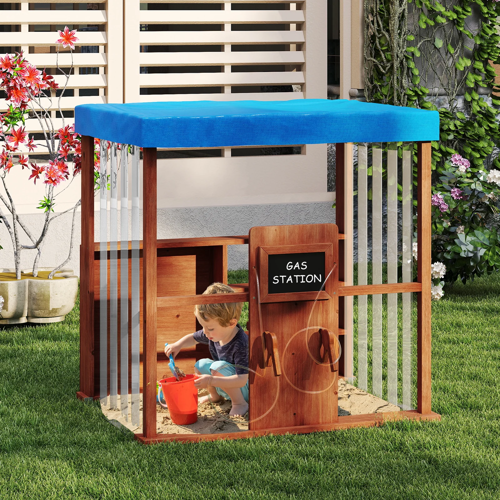 Kids Gas Station Playhouse With Gas Refueling Guns, Aged 3+, Brown - Image 2