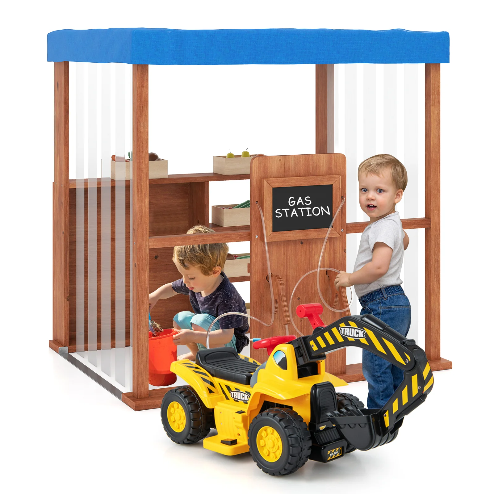 Kids Gas Station Playhouse With Gas Refueling Guns, Aged 3+, Brown - Image 5