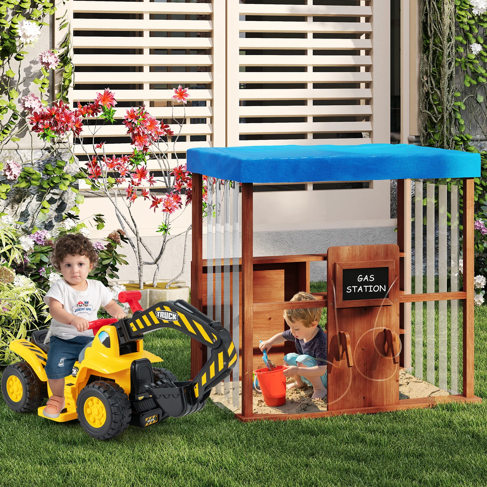 Kids Gas Station Playhouse With Gas Refueling Guns, Aged 3+, Brown - Image 7