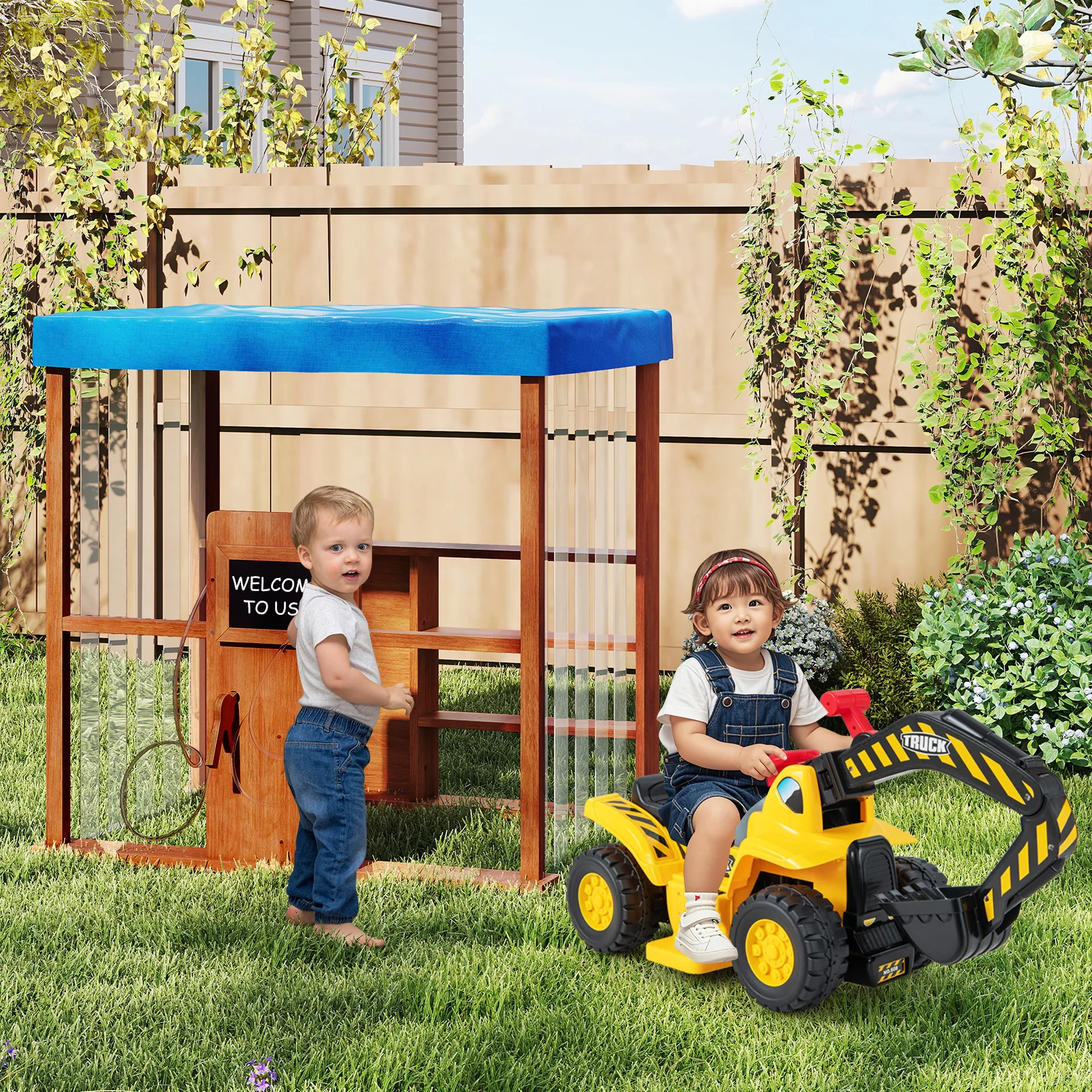 Kids Gas Station Playhouse With Gas Refueling Guns, Aged 3+, Brown - Image 8