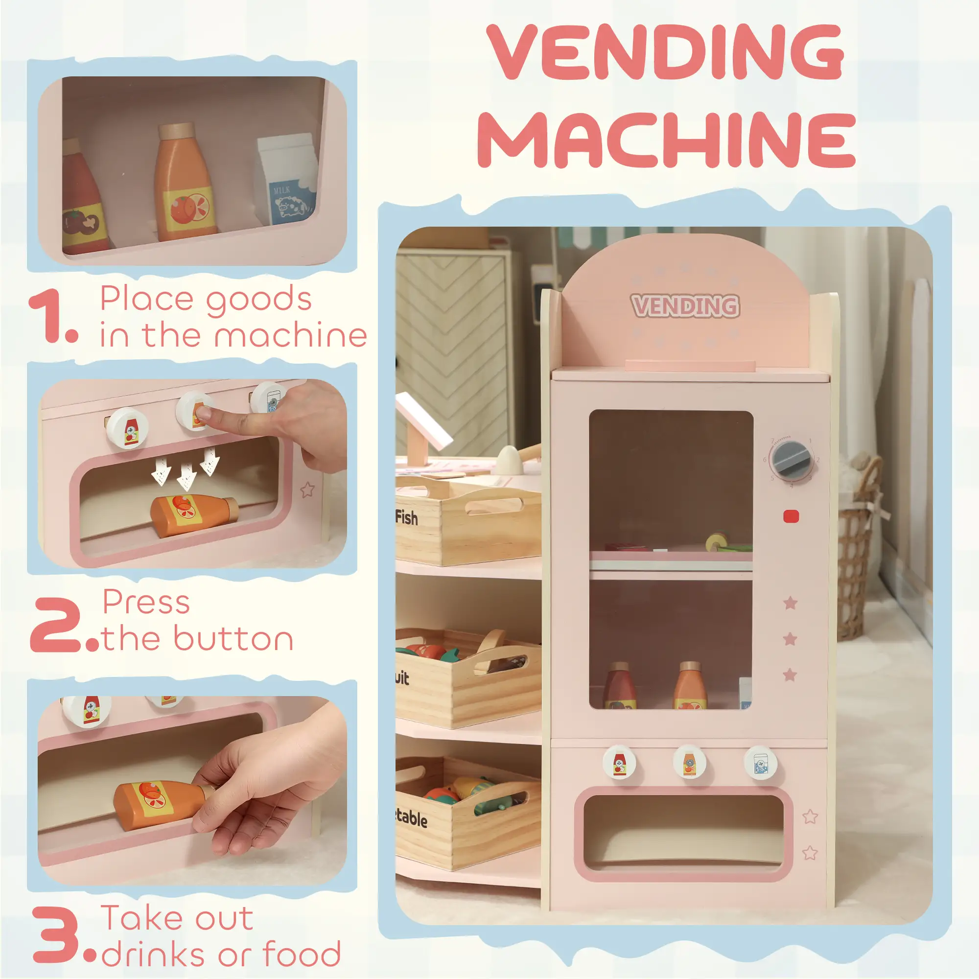 Kids Grocery Store Playset, Cash Register, Vending Machine, Pink - Image 9