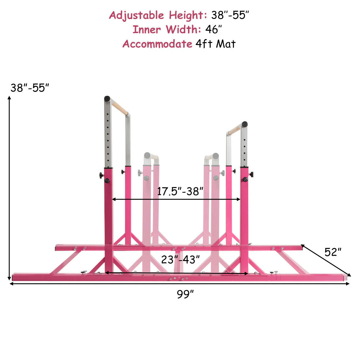 Kids Gymnastic Training Parallel Bars, Adjustable, Pink - Image 5