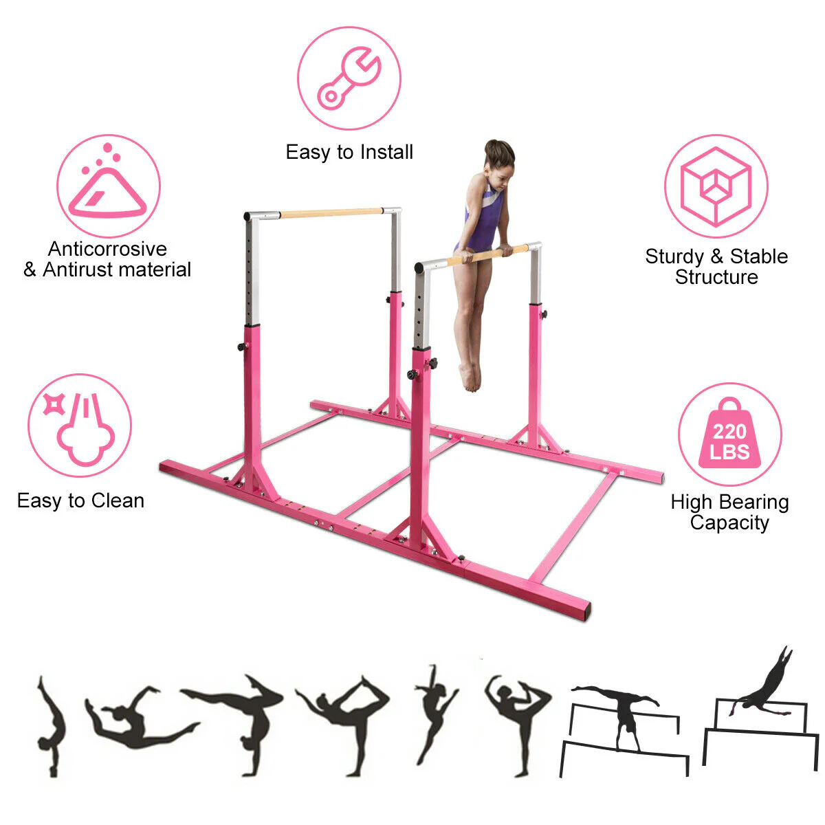Kids Gymnastic Training Parallel Bars, Adjustable, Pink - Image 6