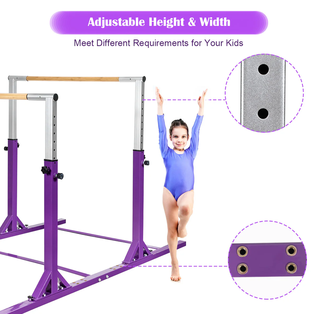Kids Gymnastic Training Parallel Bars, Adjustable, Purple - Image 8