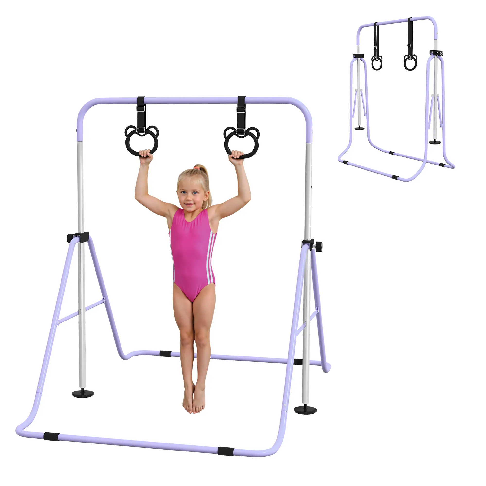 Kids Gymnastics Bar, Adjustable Height, Non-Slip Rings, Purple - Image 11