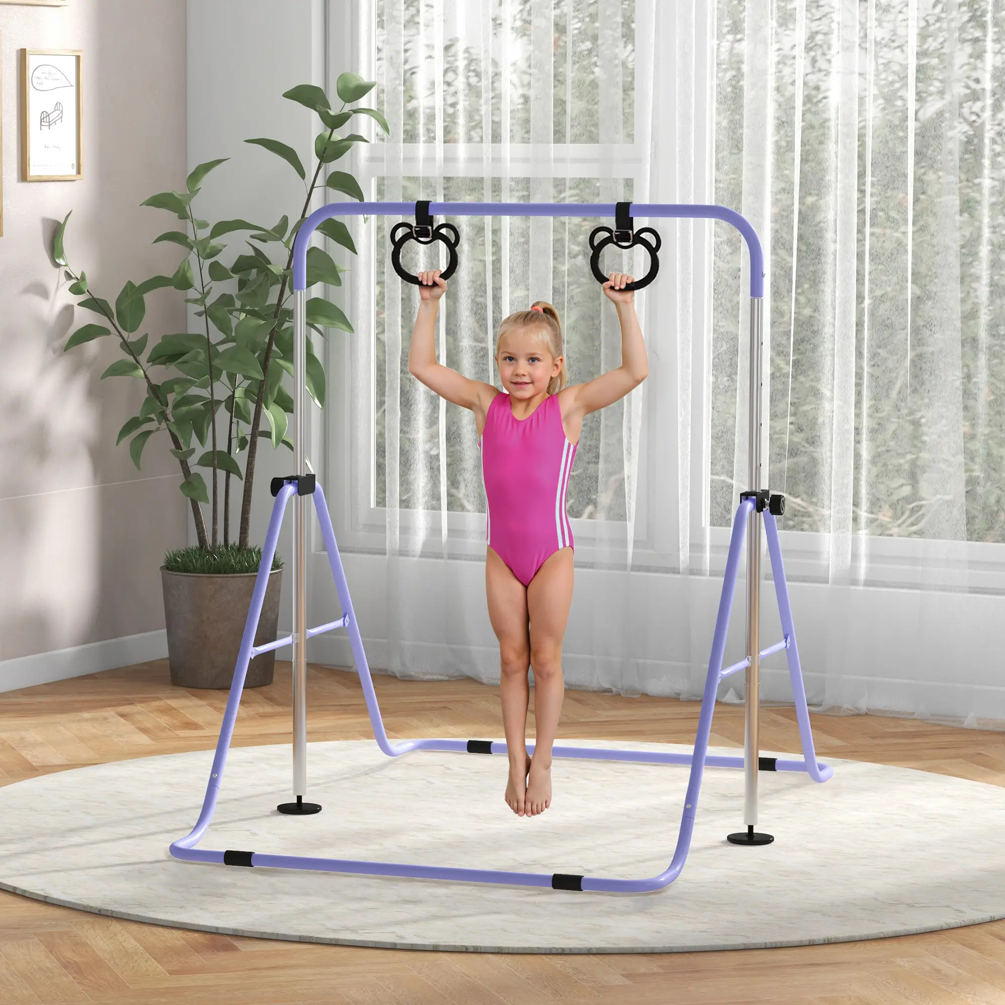 Kids Gymnastics Bar, Adjustable Height, Non-Slip Rings, Purple - Image 2