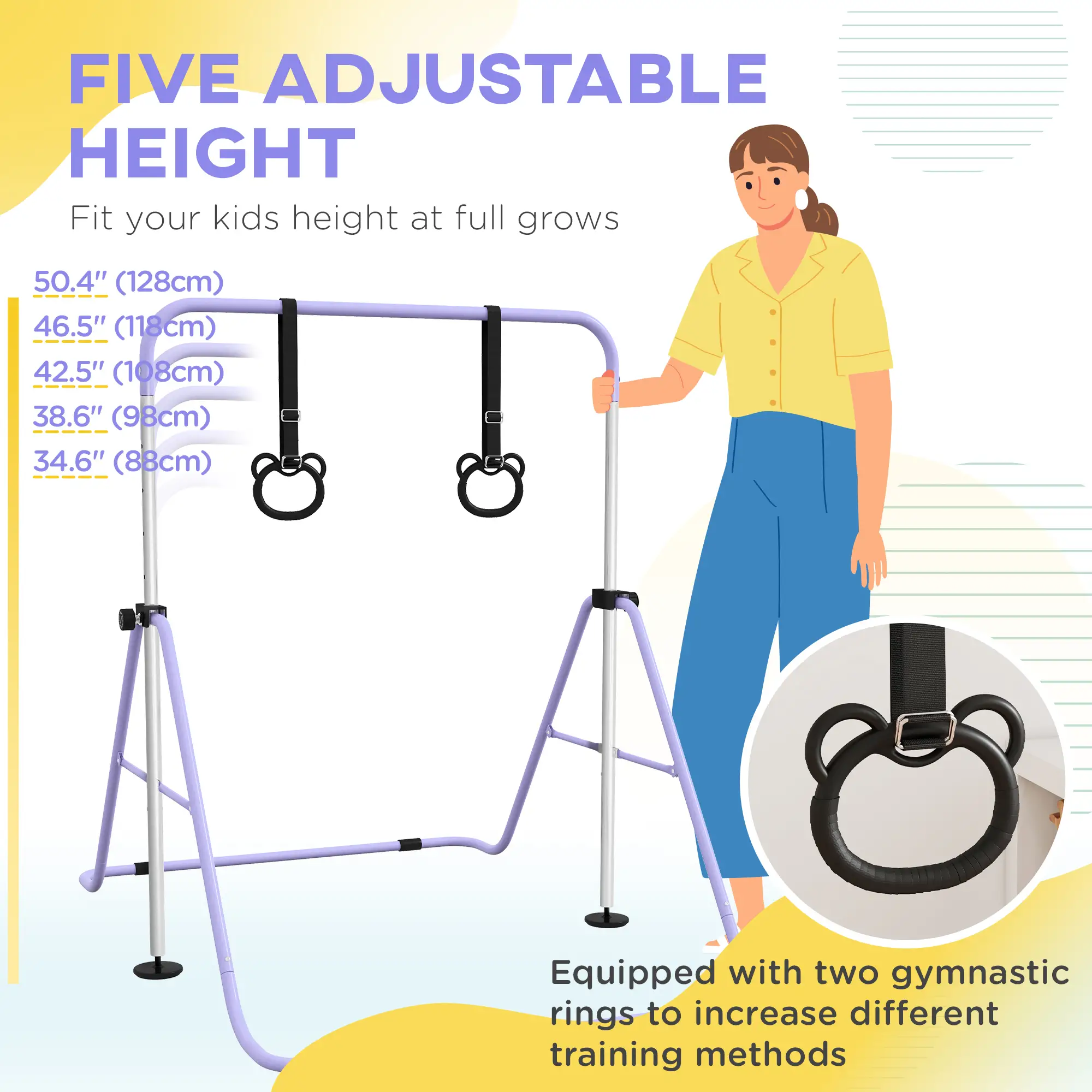 Kids Gymnastics Bar, Adjustable Height, Non-Slip Rings, Purple - Image 4