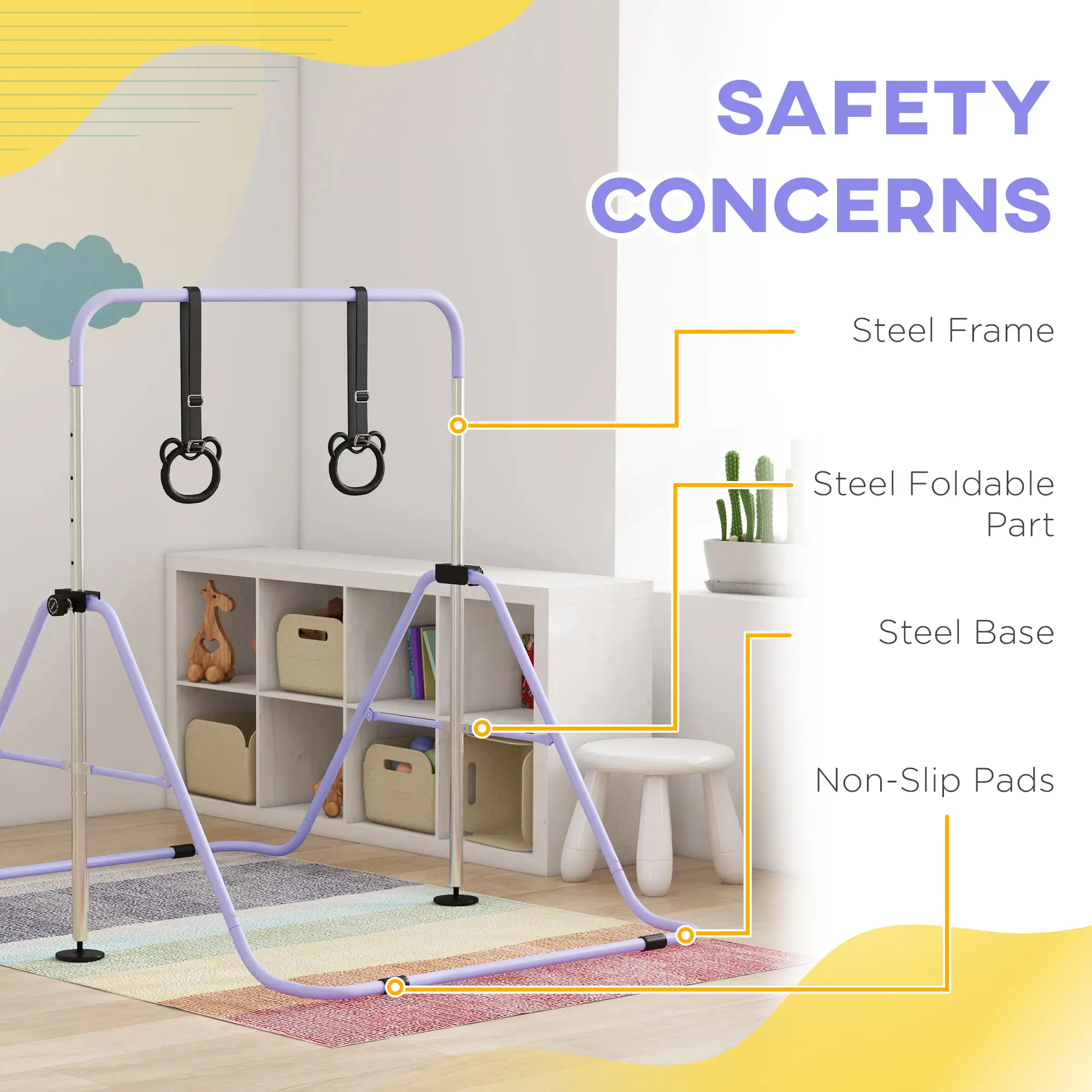 Kids Gymnastics Bar, Adjustable Height, Non-Slip Rings, Purple - Image 5