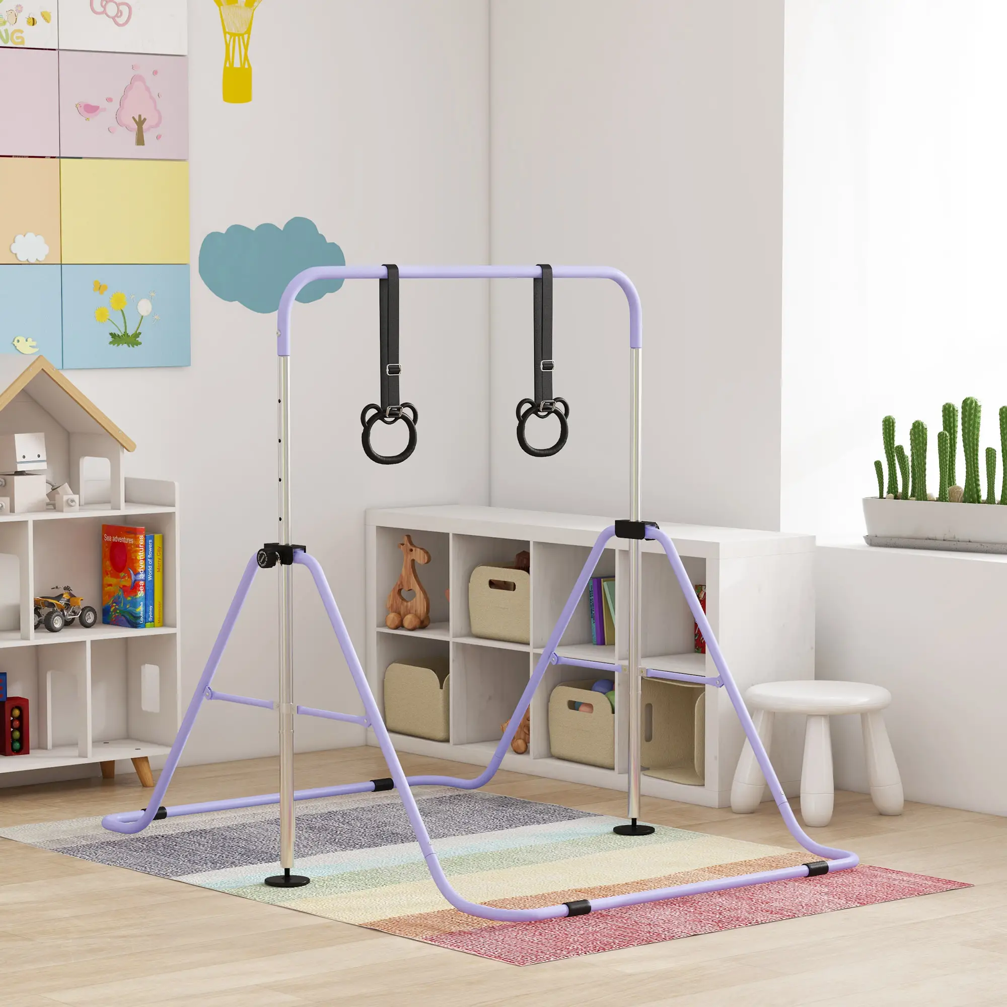Kids Gymnastics Bar, Adjustable Height, Non-Slip Rings, Purple - Image 8
