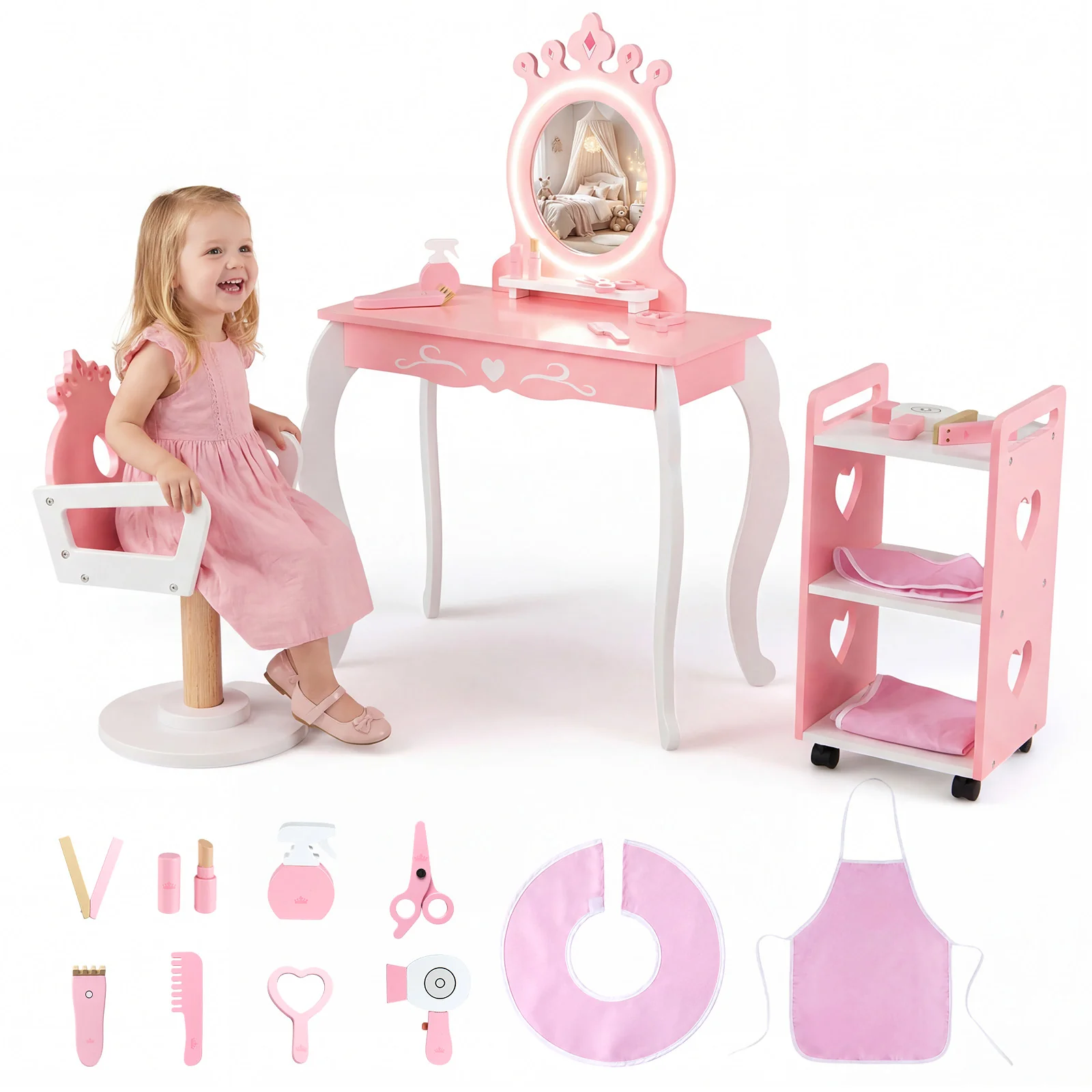 Kids Hair Salon Play Set, LED Mirror, Wooden Station, Pink