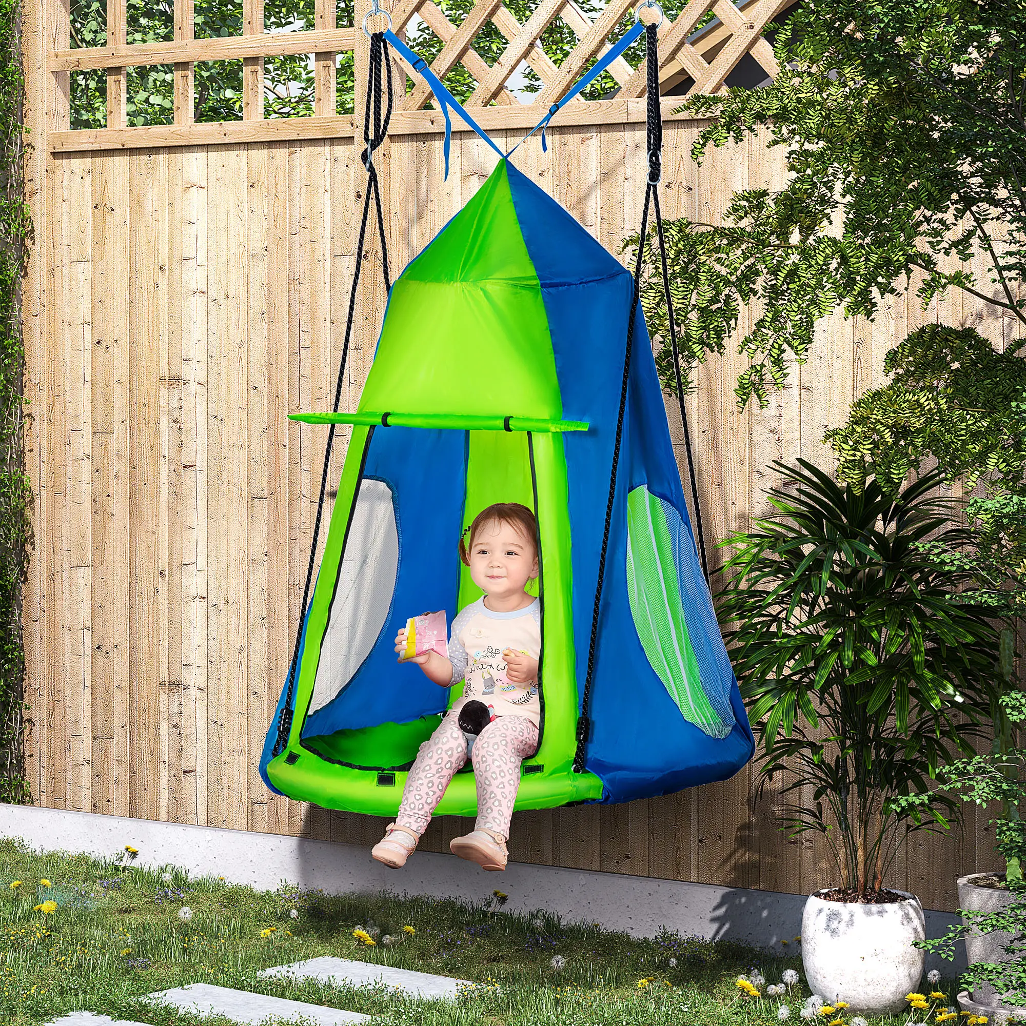 Kids Hanging Tree Swing Tent, Waterproof, With Windows, Rolling Door, Green - Image 2
