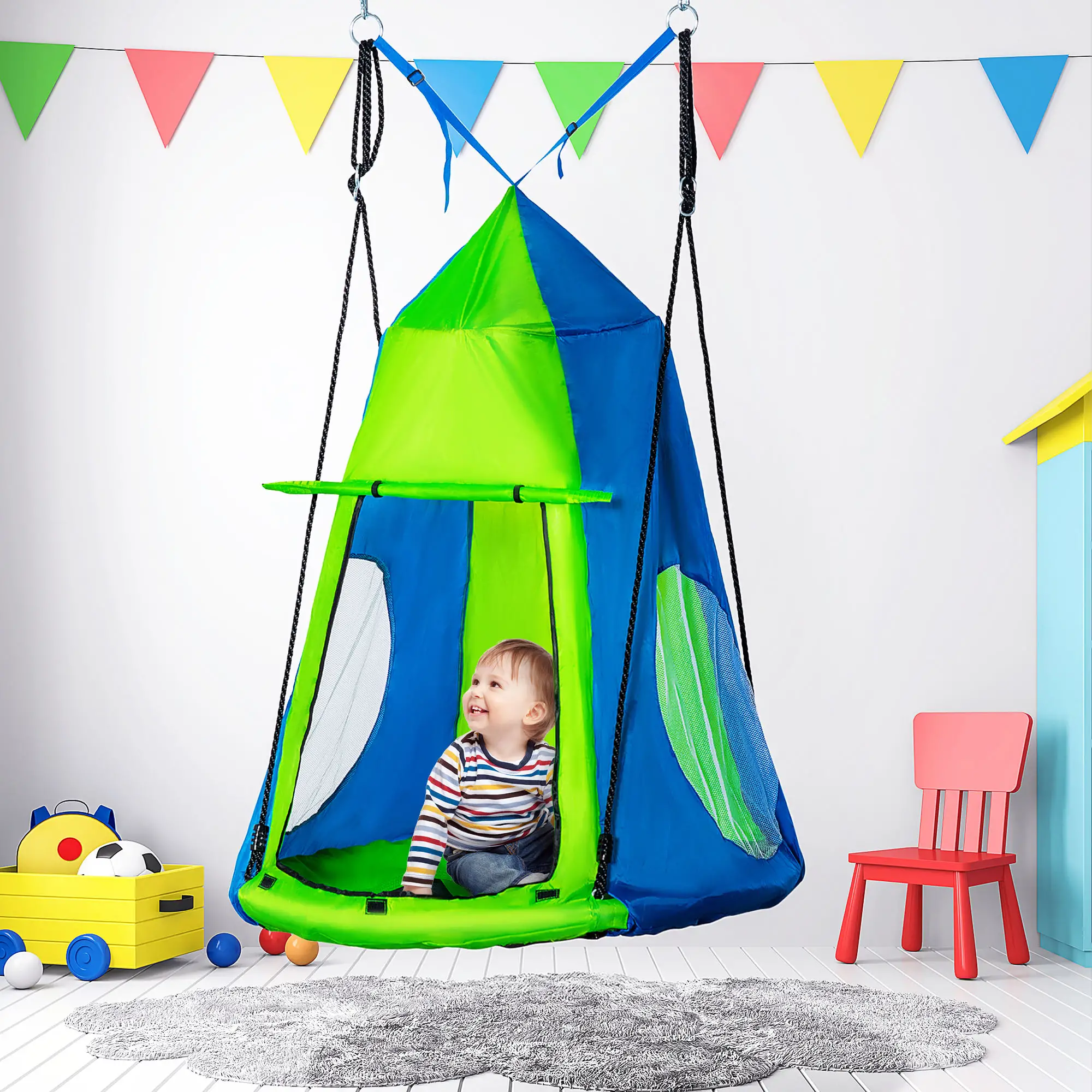 Kids Hanging Tree Swing Tent, Waterproof, With Windows, Rolling Door, Green - Image 8