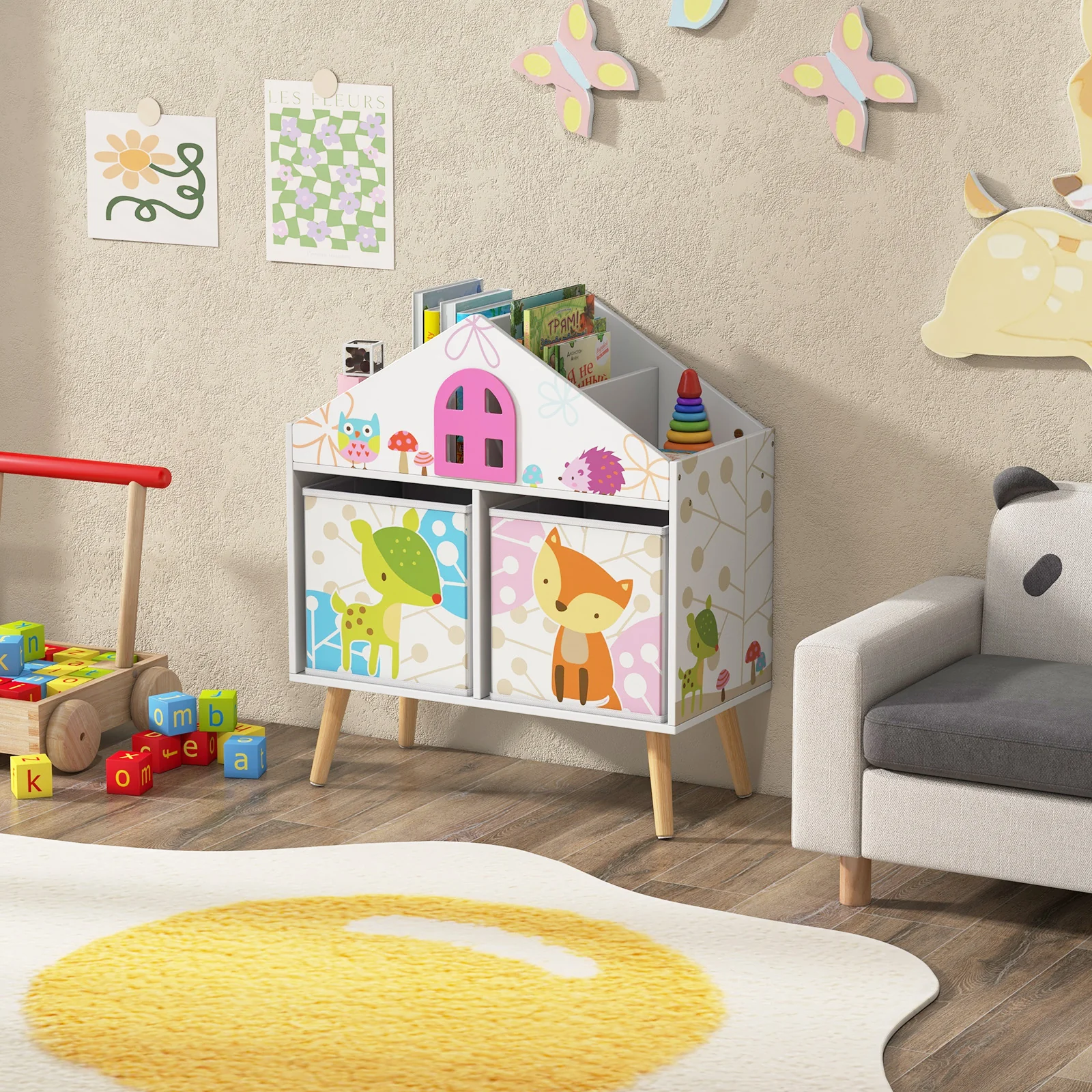 Kids House Bookshelf With 2 Storage Bins, White - Image 3