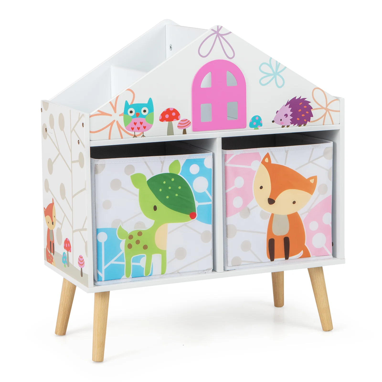 Kids House Bookshelf With 2 Storage Bins, White - Image 4