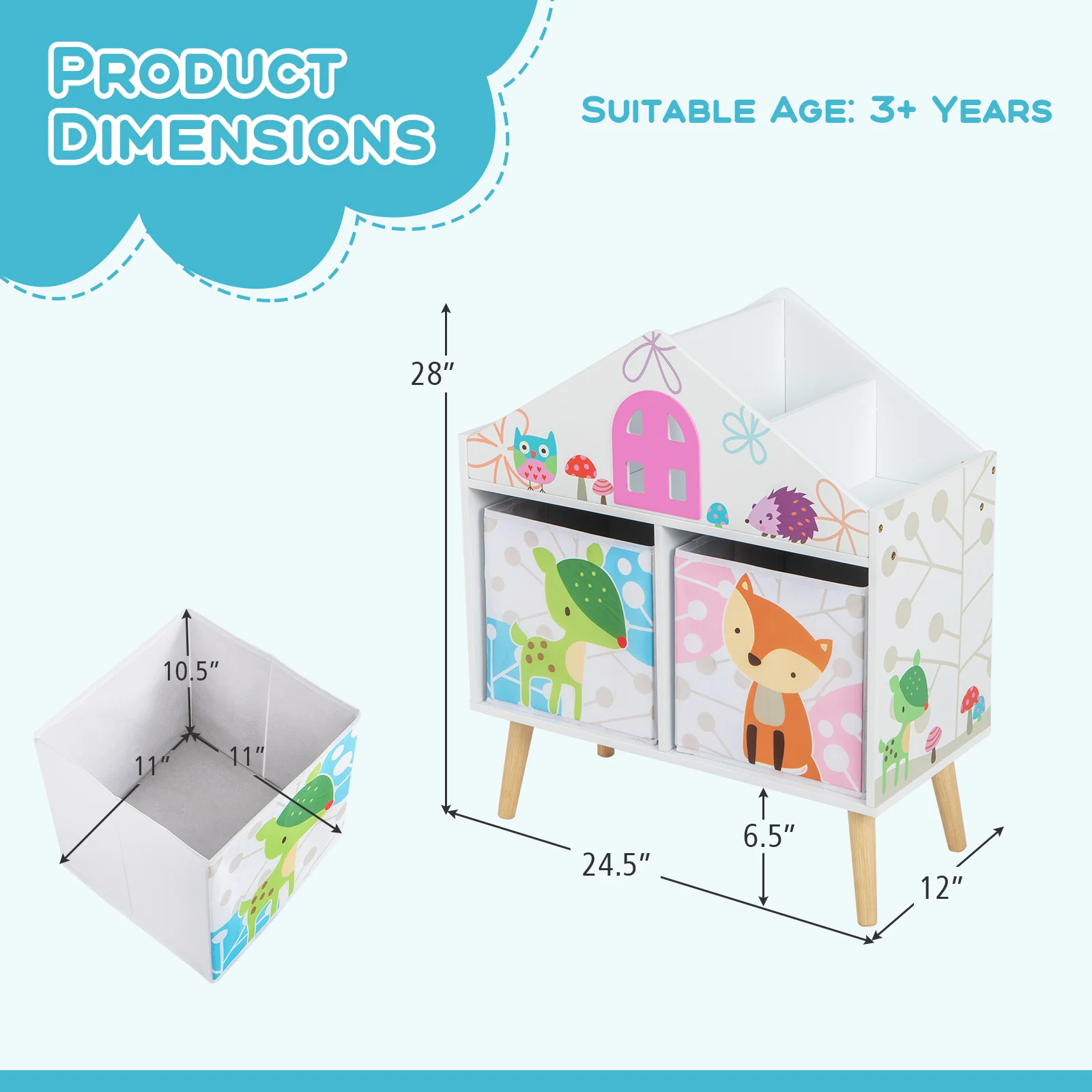 Kids House Bookshelf With 2 Storage Bins, White - Image 5