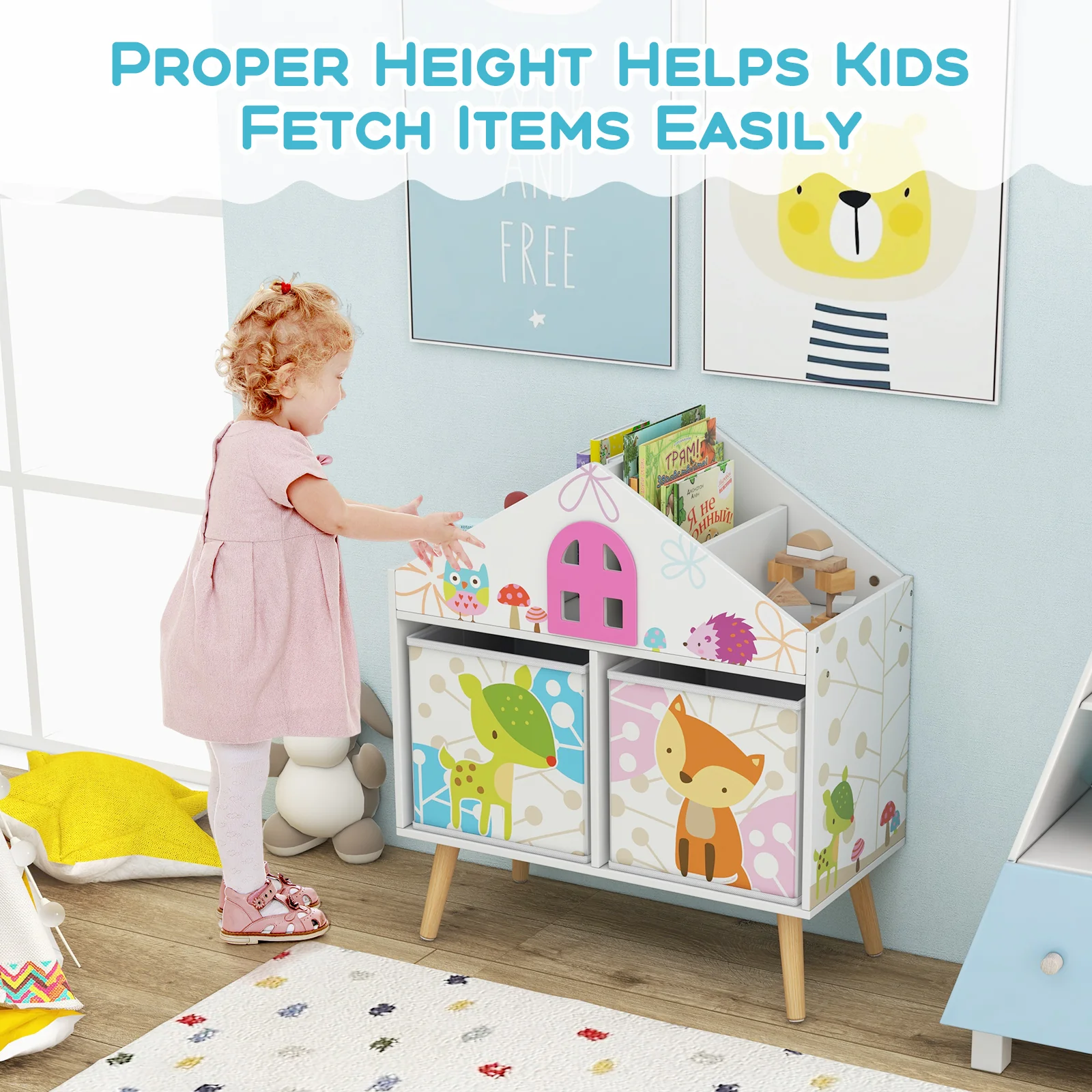 Kids House Bookshelf With 2 Storage Bins, White - Image 6