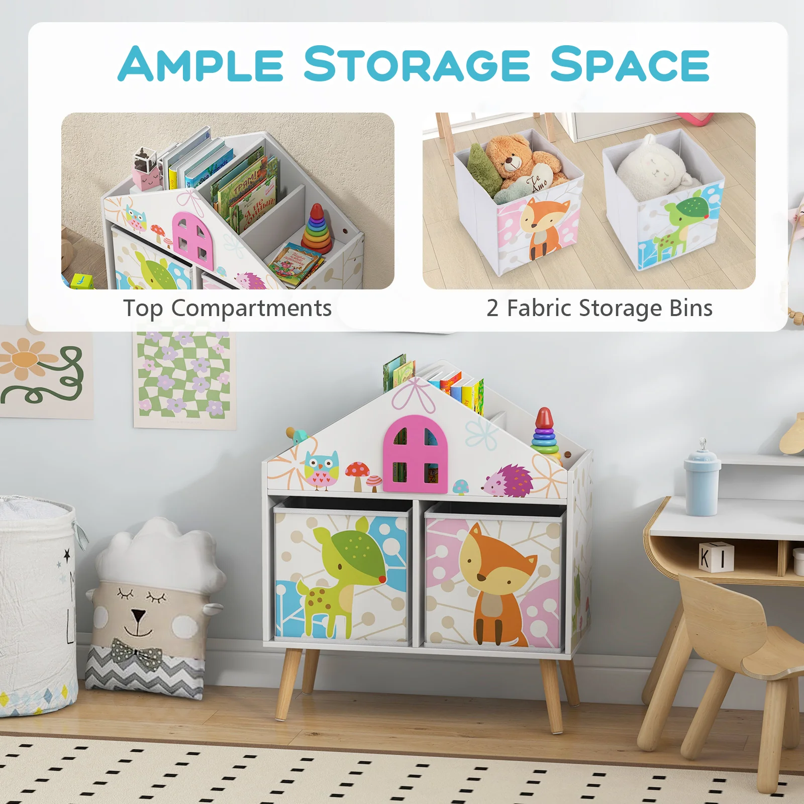 Kids House Bookshelf With 2 Storage Bins, White - Image 8