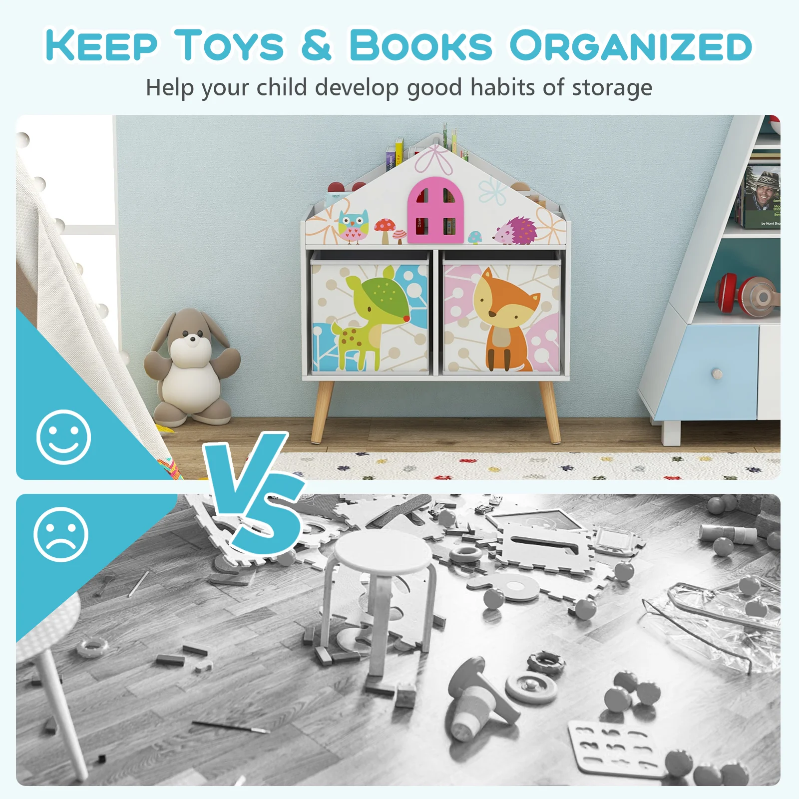 Kids House Bookshelf With 2 Storage Bins, White - Image 9