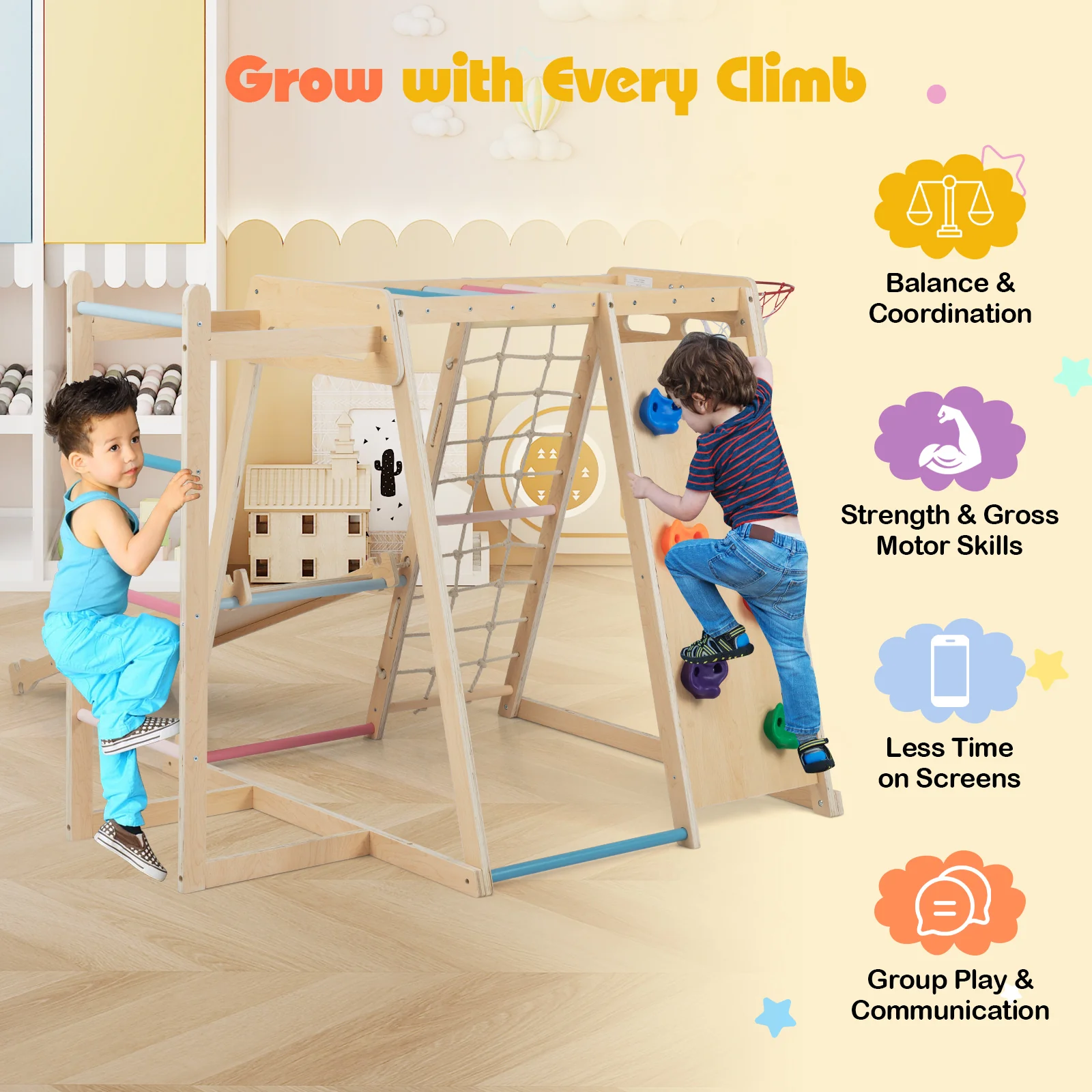 Kids Indoor Playground 6-in-1 Jungle Gym for 3-14 Years Olds, Macaron - Image 10