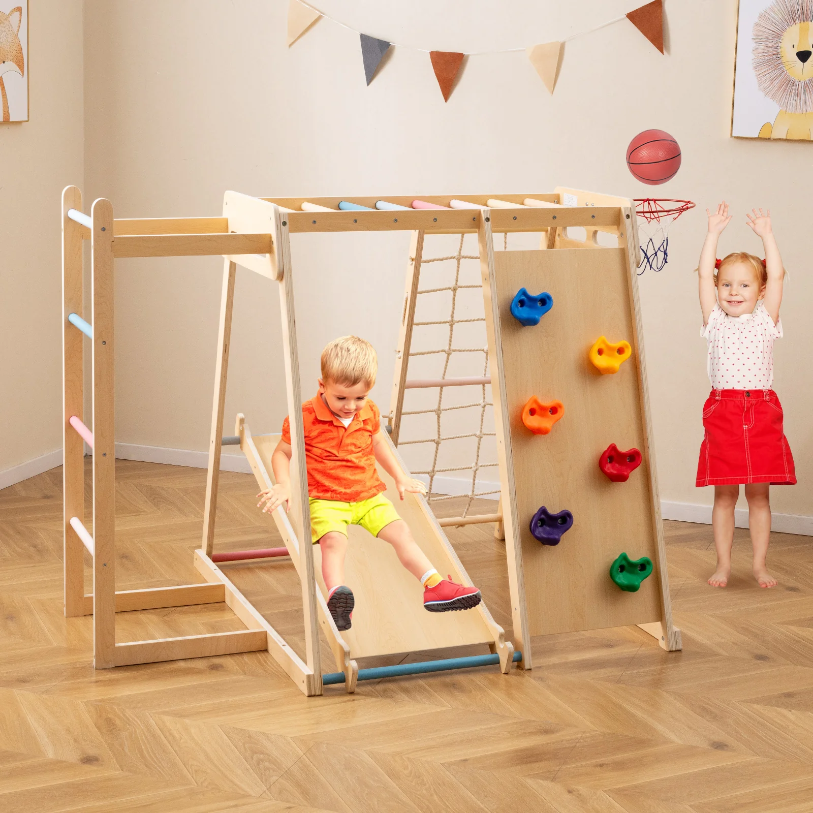 Kids Indoor Playground 6-in-1 Jungle Gym for 3-14 Years Olds, Macaron - Image 2