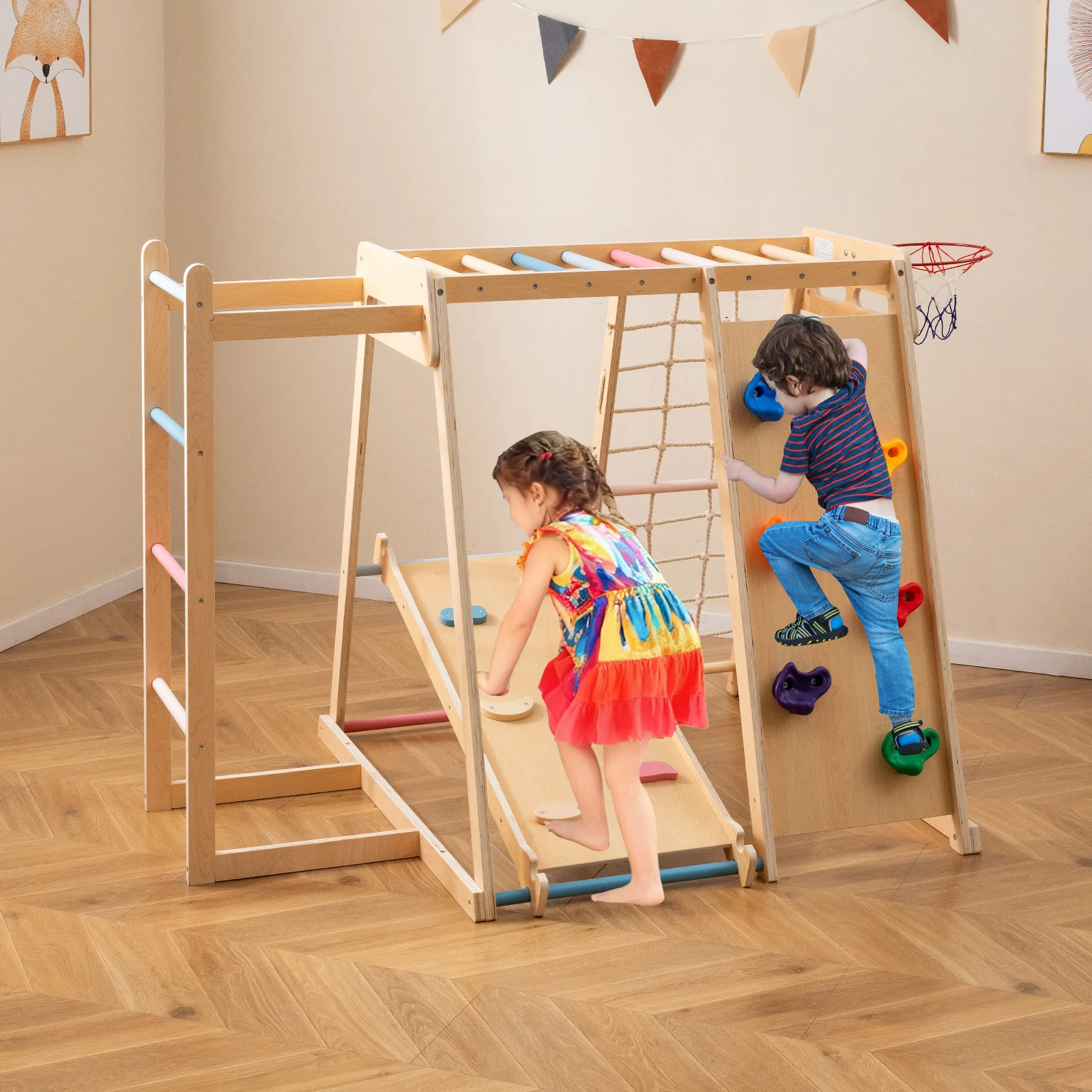 Kids Indoor Playground 6-in-1 Jungle Gym for 3-14 Years Olds, Macaron - Image 3