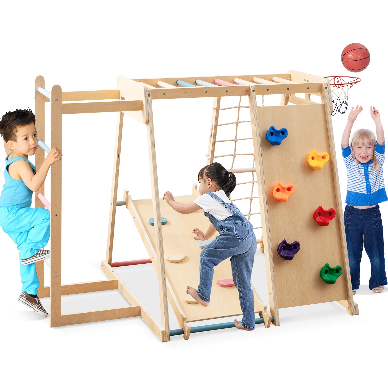 Kids Indoor Playground 6-in-1 Jungle Gym for 3-14 Years Olds, Macaron - Image 5