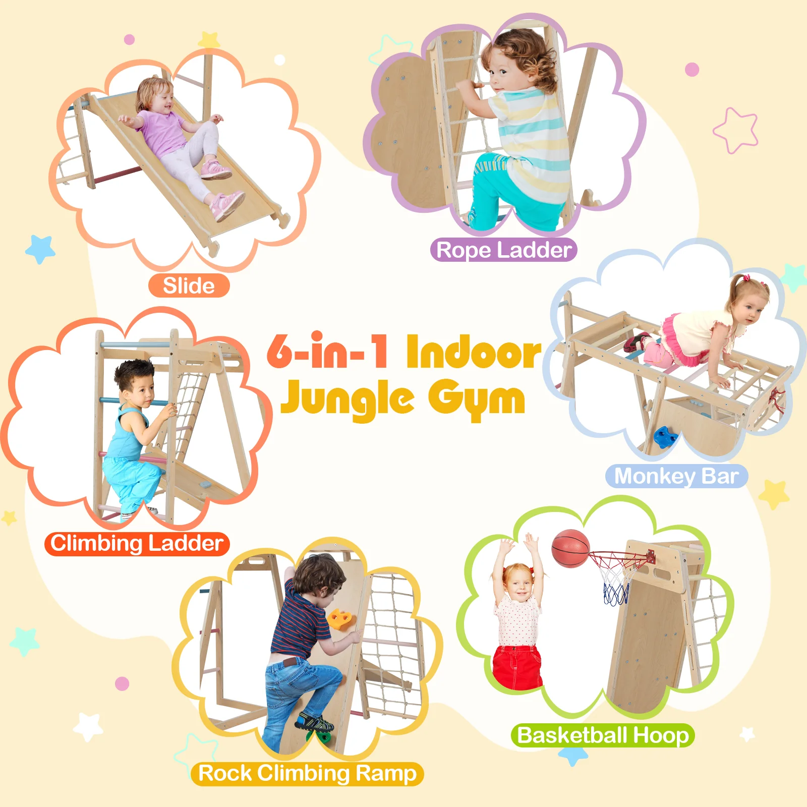 Kids Indoor Playground 6-in-1 Jungle Gym for 3-14 Years Olds, Macaron - Image 7
