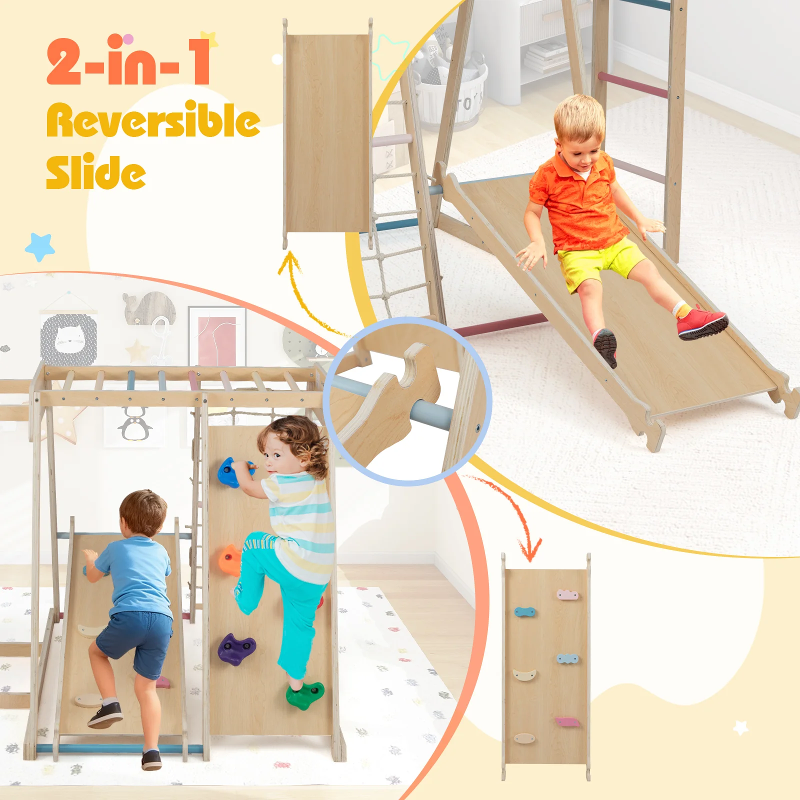 Kids Indoor Playground 6-in-1 Jungle Gym for 3-14 Years Olds, Macaron - Image 8