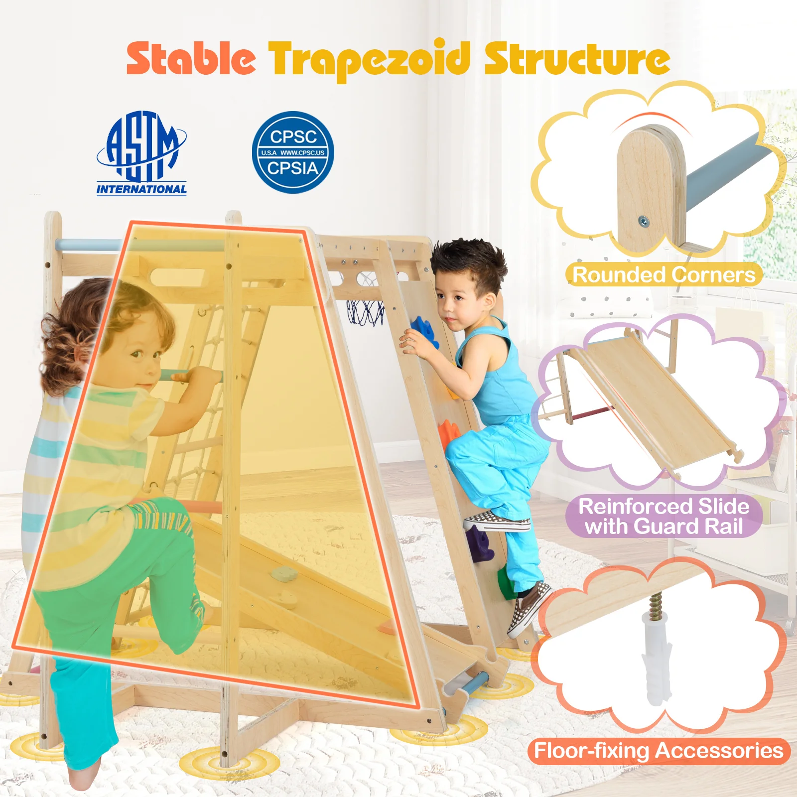 Kids Indoor Playground 6-in-1 Jungle Gym for 3-14 Years Olds, Macaron - Image 9
