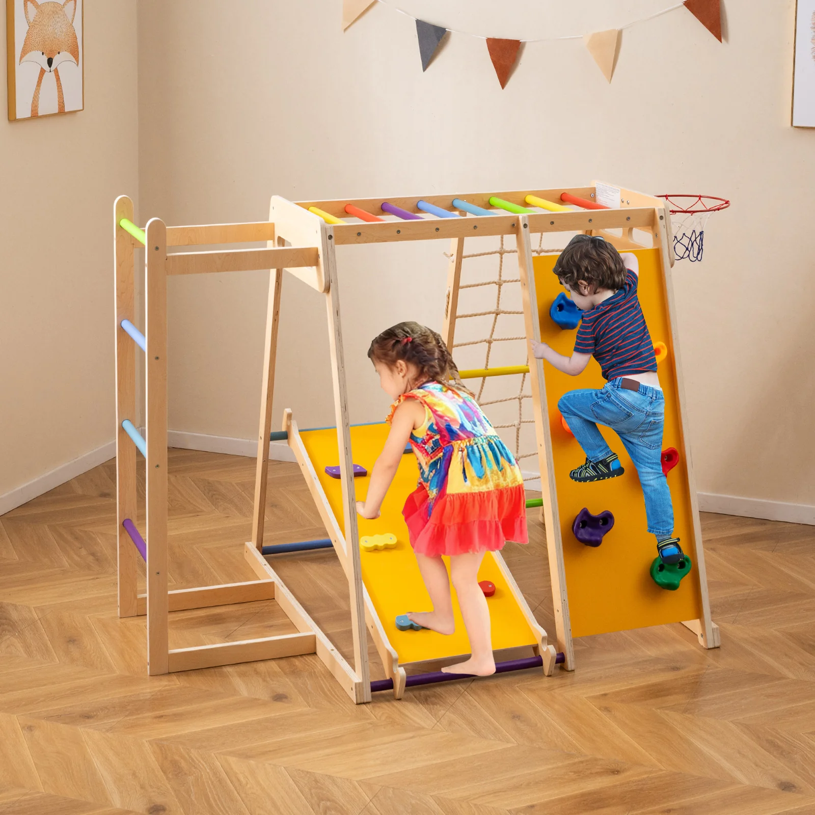 Kids Indoor Playground 6-in-1 Jungle Gym for 3-14 Years Olds-Rainbow, Multicolor - Image 3