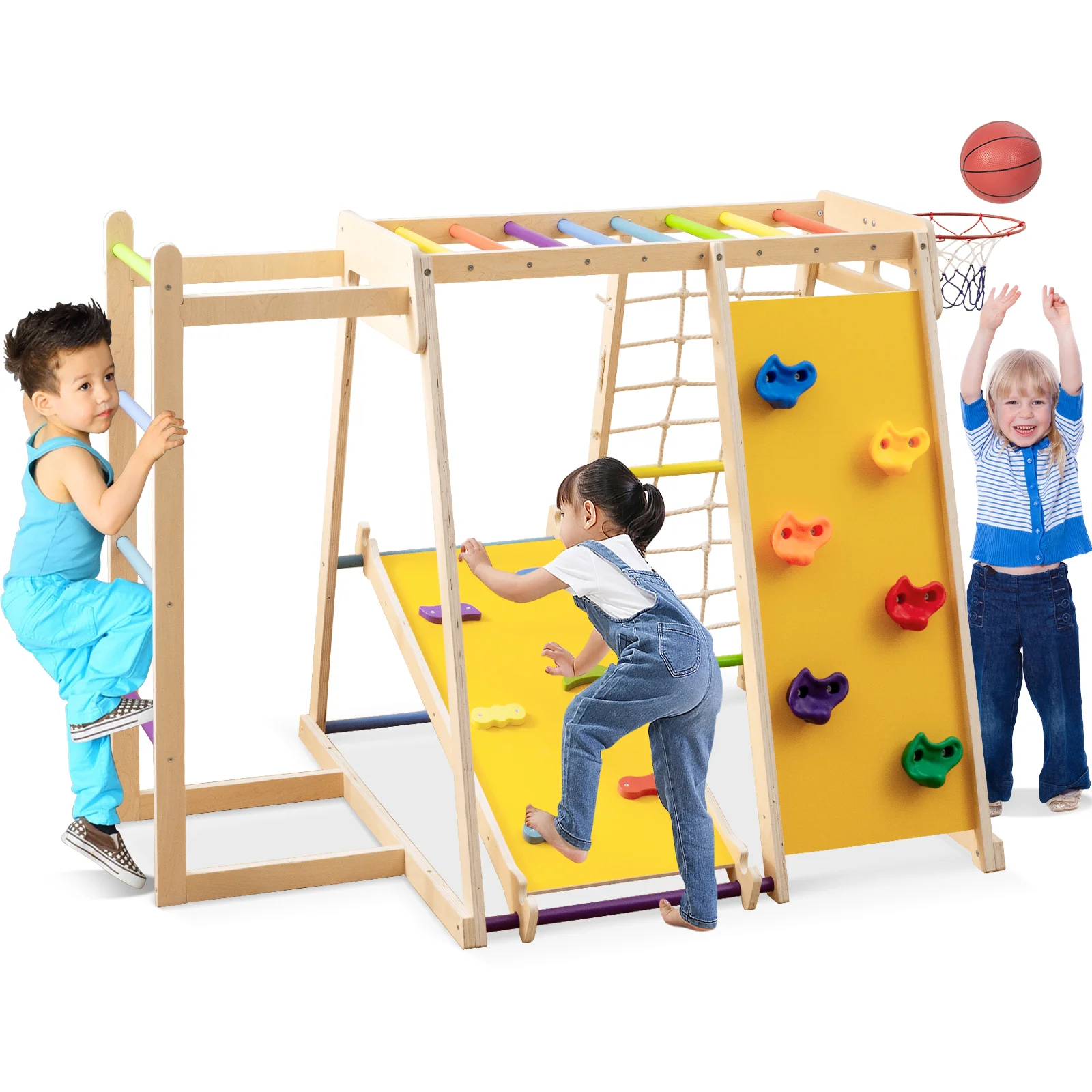 Kids Indoor Playground 6-in-1 Jungle Gym for 3-14 Years Olds-Rainbow, Multicolor - Image 5