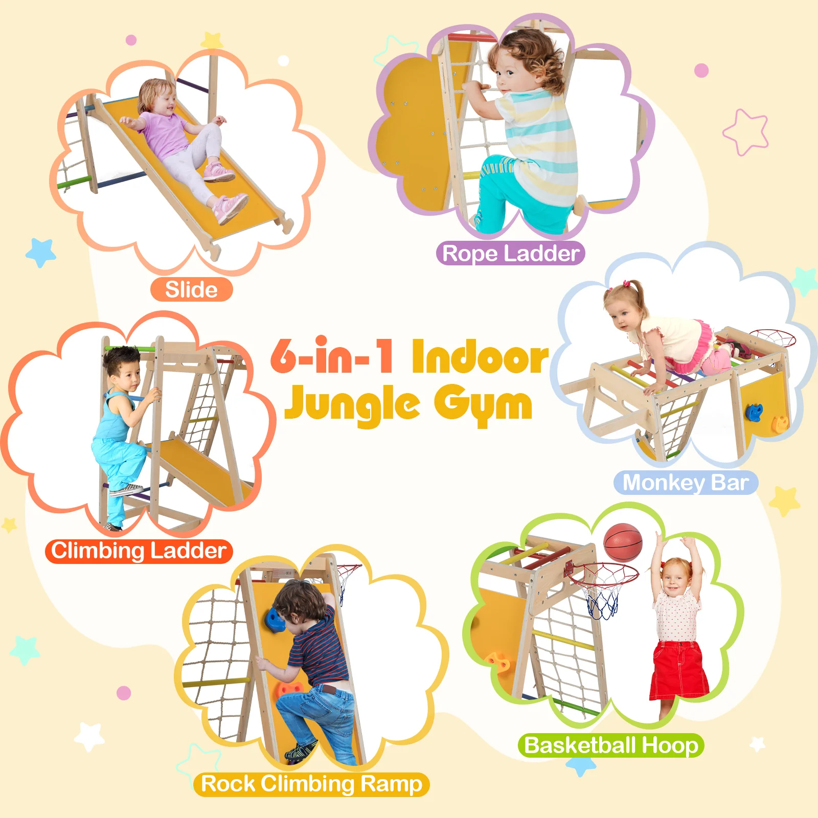 Kids Indoor Playground 6-in-1 Jungle Gym for 3-14 Years Olds-Rainbow, Multicolor - Image 7