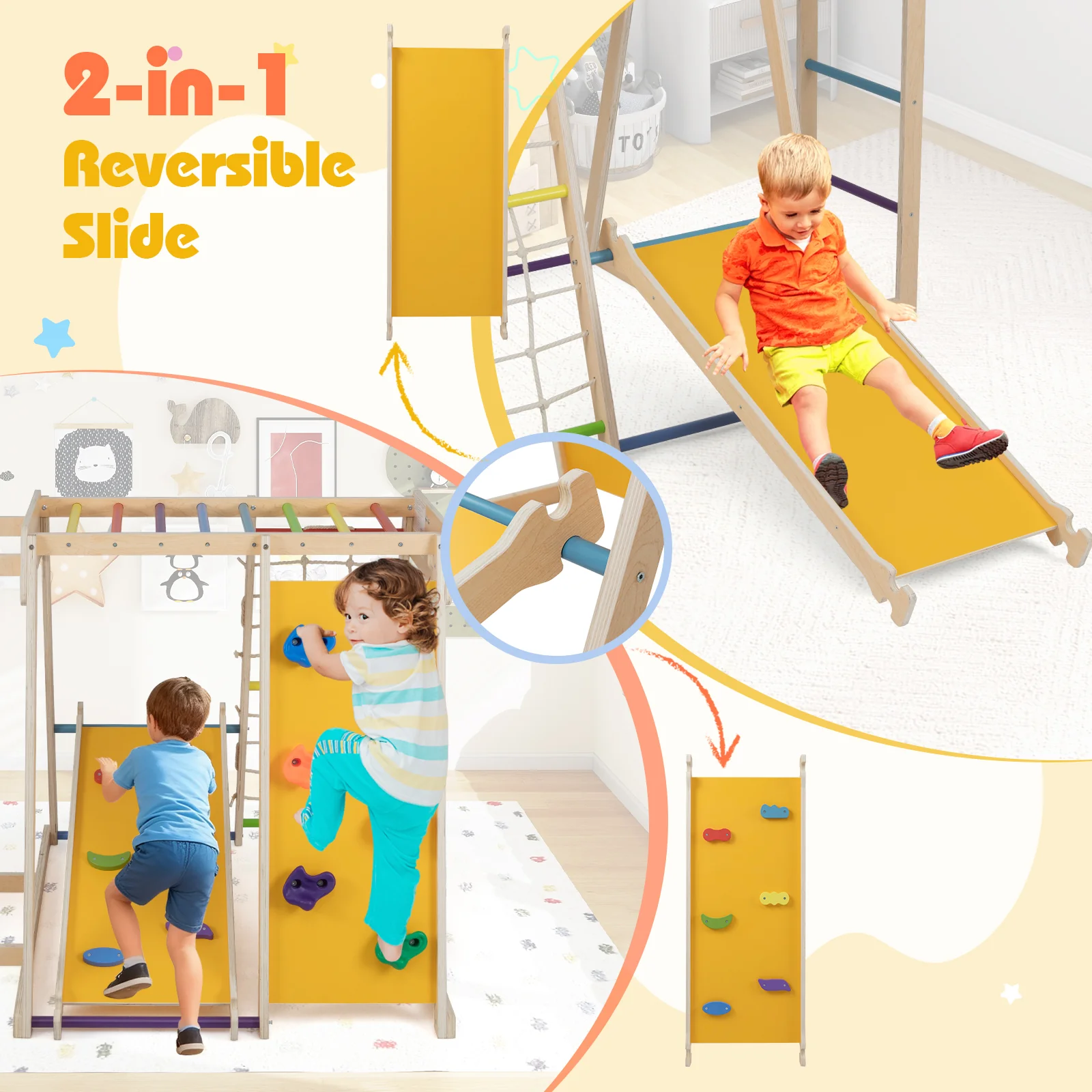 Kids Indoor Playground 6-in-1 Jungle Gym for 3-14 Years Olds-Rainbow, Multicolor - Image 8