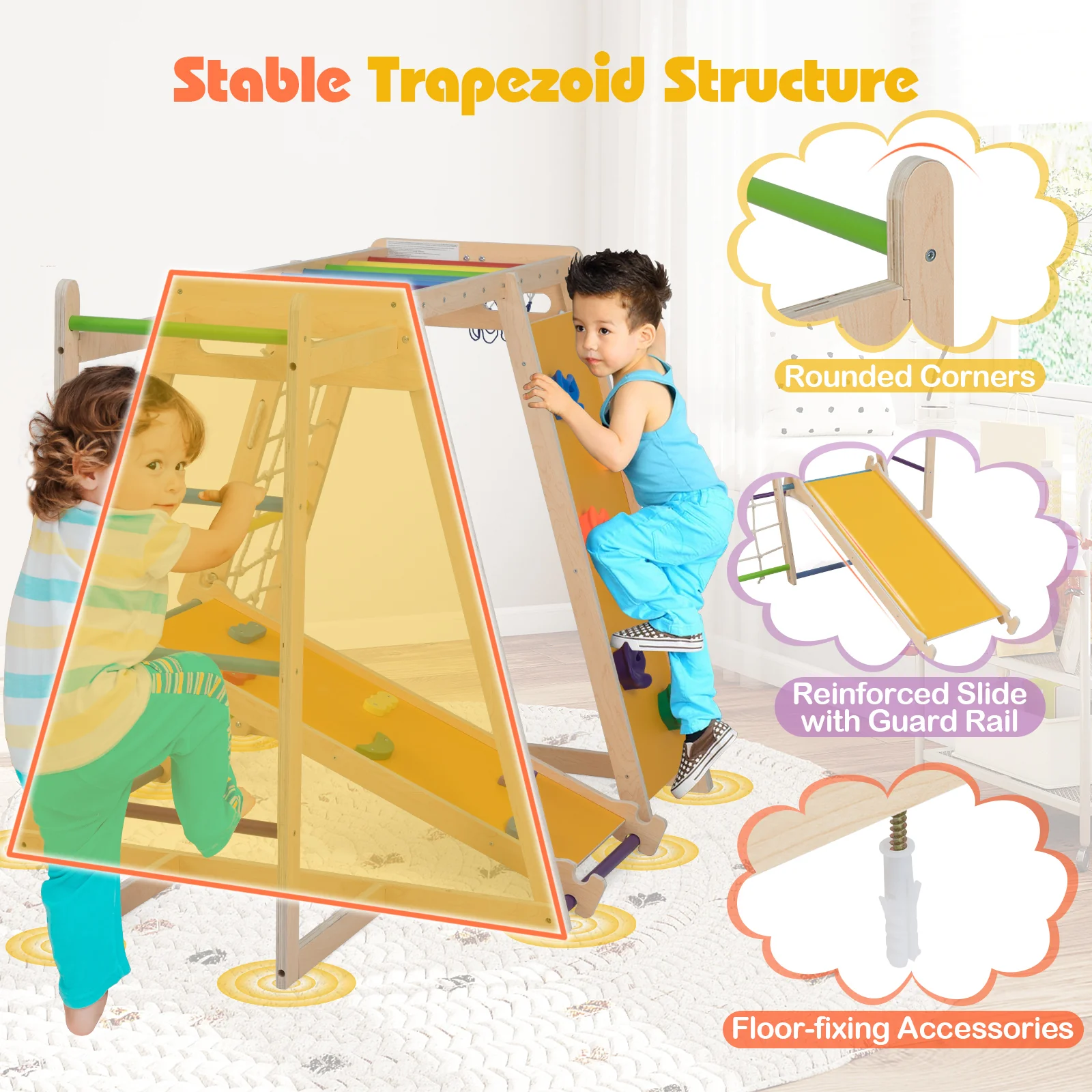Kids Indoor Playground 6-in-1 Jungle Gym for 3-14 Years Olds-Rainbow, Multicolor - Image 9