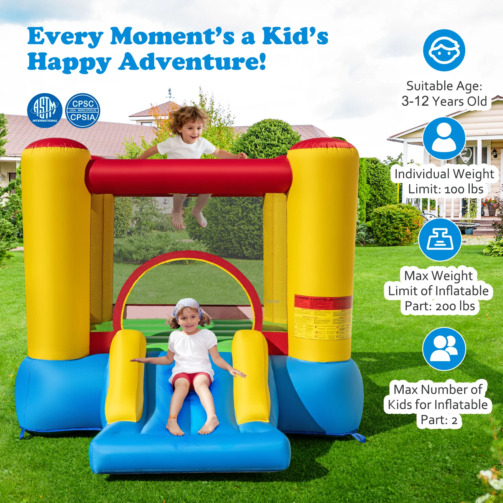 Kids Inflatable Bounce House With Slide, 480W Blower - Image 10
