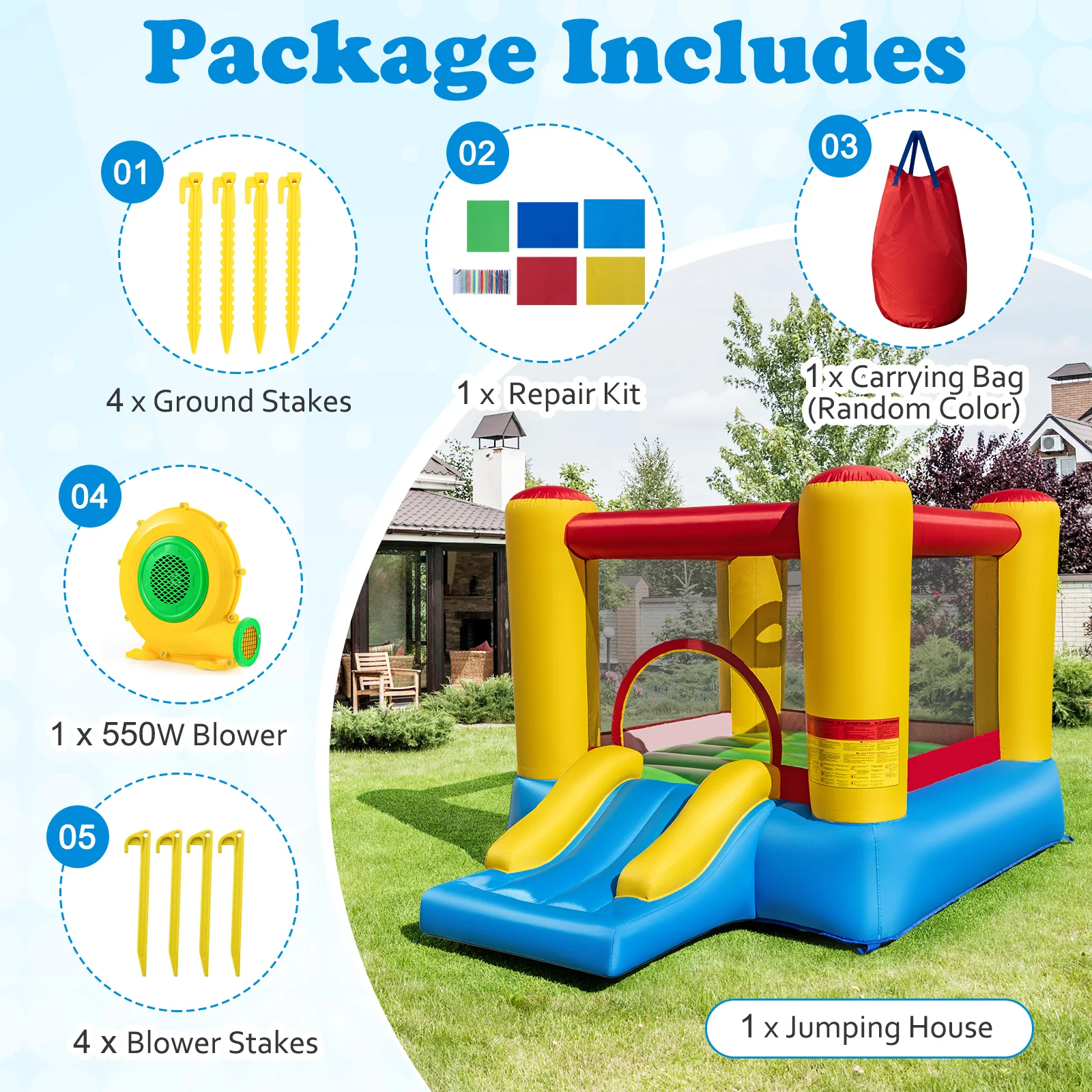 Kids Inflatable Bounce House With Slide, 480W Blower - Image 5