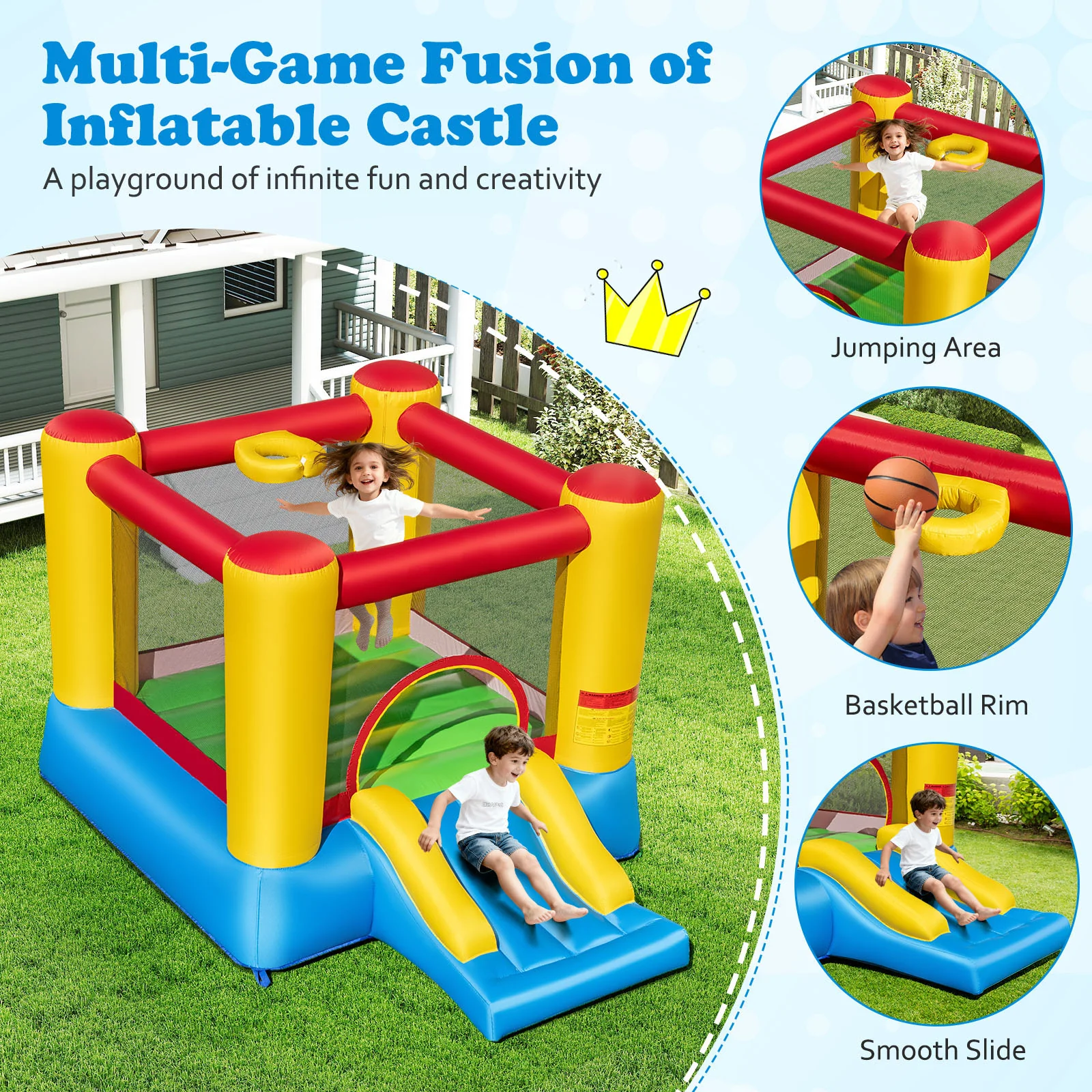 Kids Inflatable Bounce House With Slide, 480W Blower - Image 6