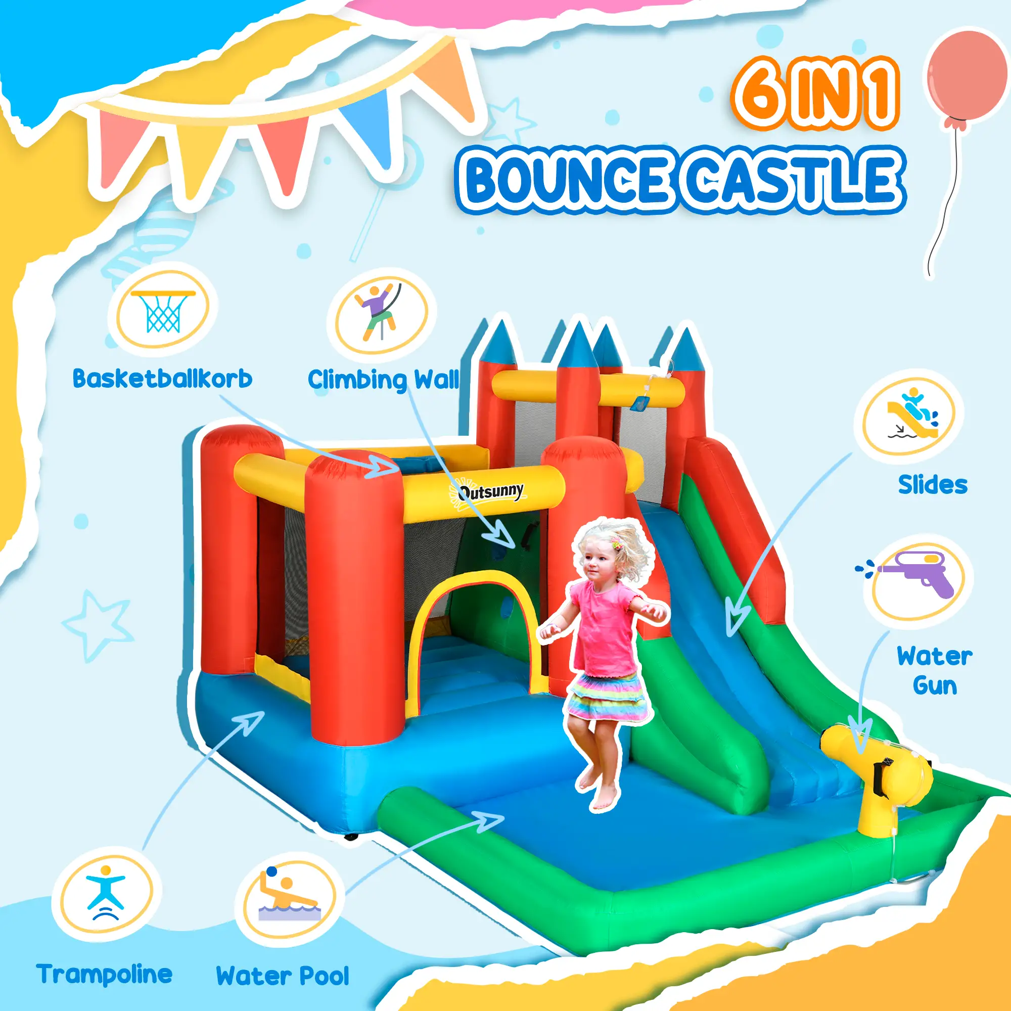 Kids Inflatable Bouncy Castle, Slide, Pool, 11.5' x 8.8' x 7', Multi-color - Image 4