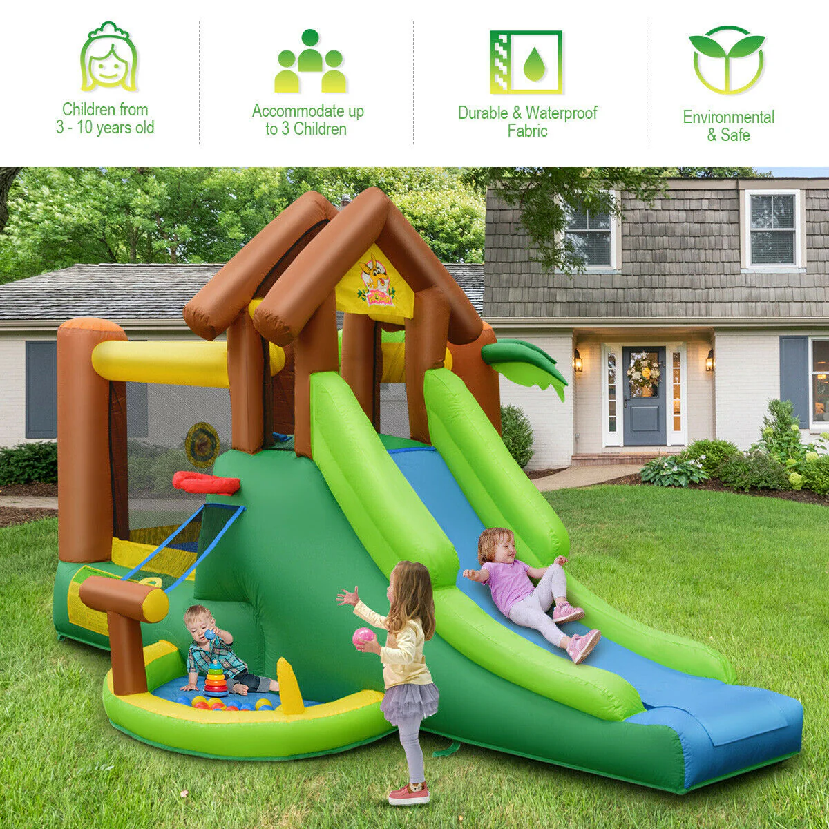 Kids Inflatable Jungle Bounce House Castle, 735W Blower - Image 8