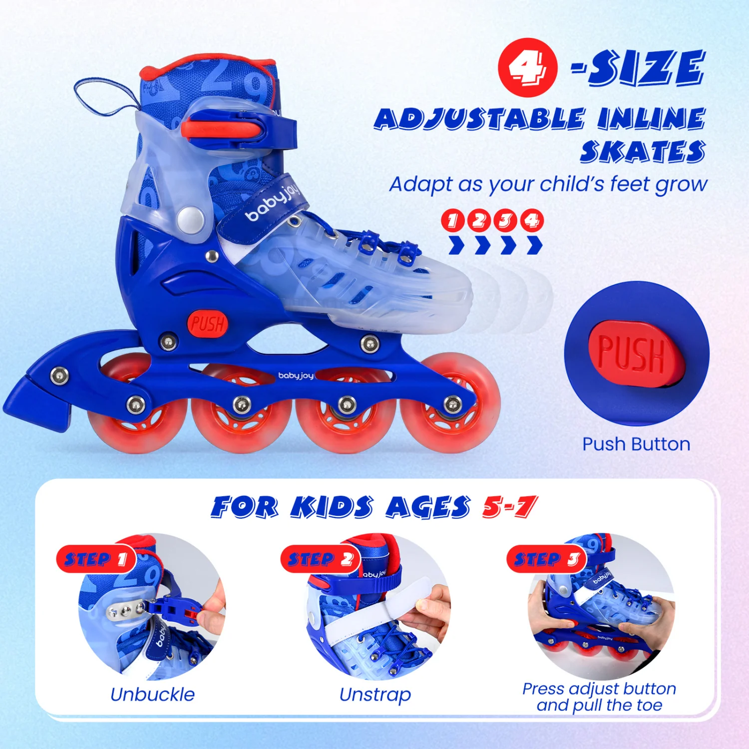Kids Inline Skates, 4-Size Adjustable, Ages 5-7, Blue - Image 7