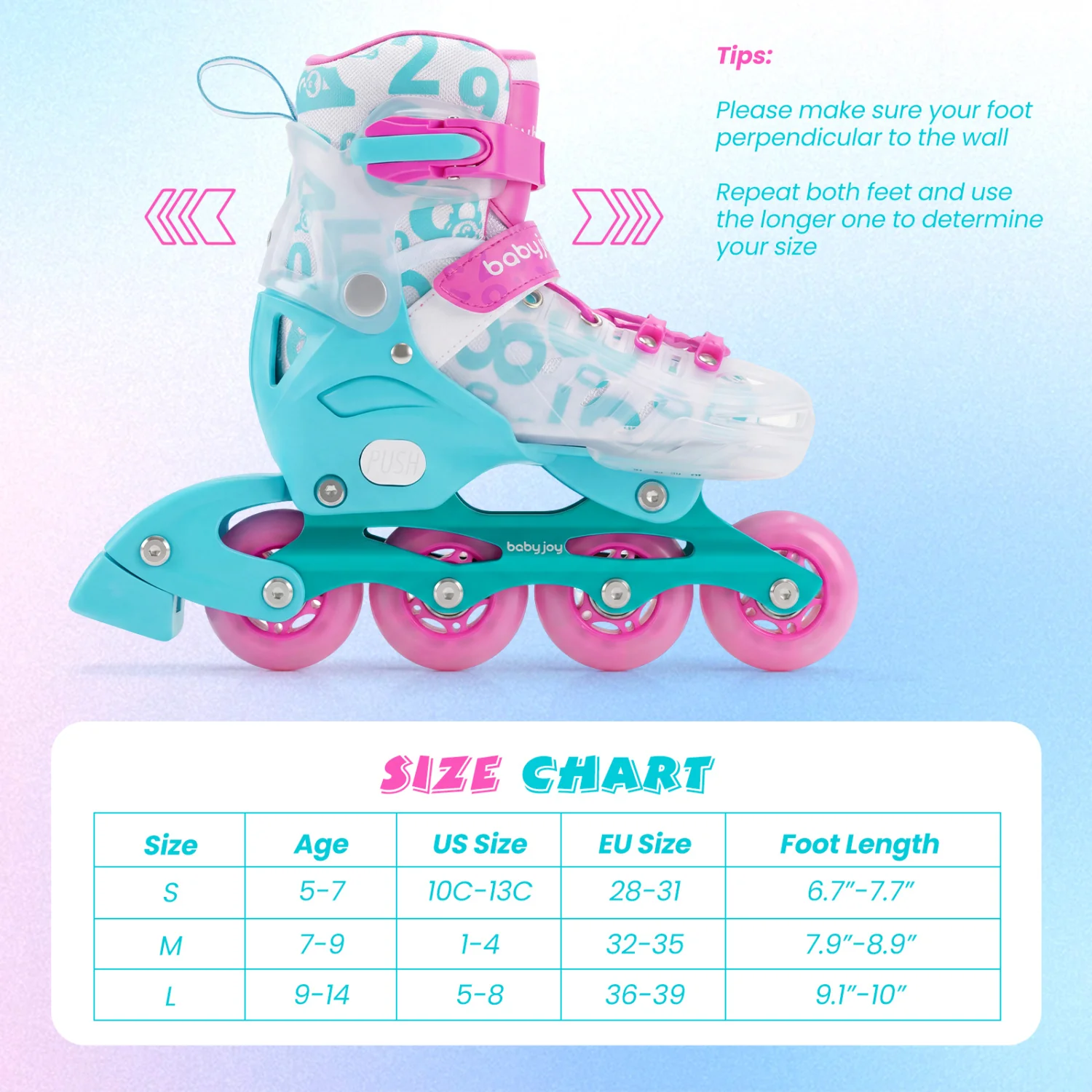 Kids Inline Skates, Light Up Wheels, Ages 9-14, Pink Blue - Image 6