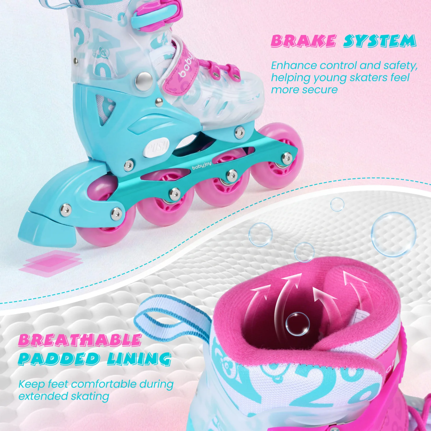 Kids Inline Skates, Light Up Wheels, Ages 9-14, Pink Blue - Image 9