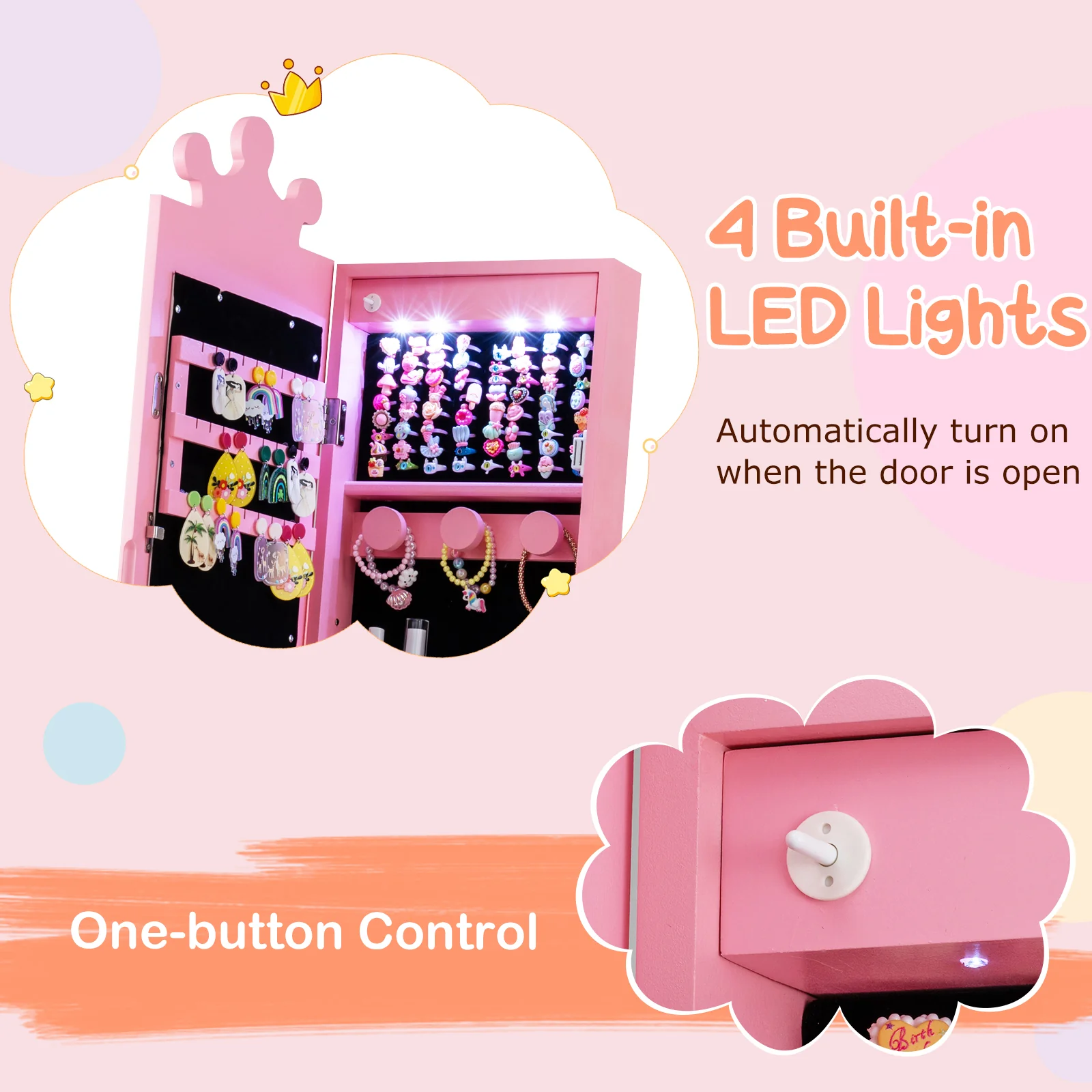 Kids Jewelry Armoire, With 3-Color Lighted Full Length Mirror, Pink - Image 10