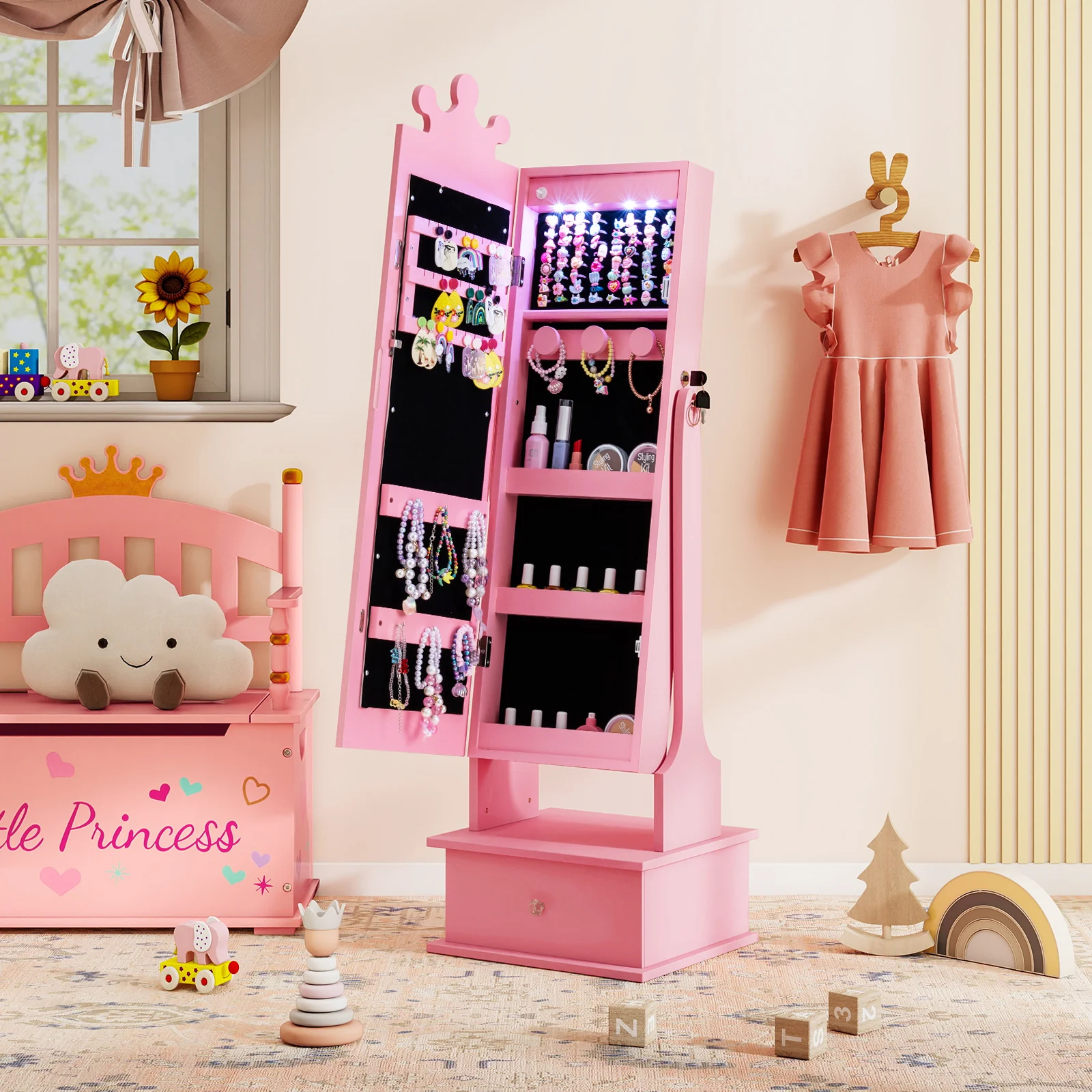 Kids Jewelry Armoire, With 3-Color Lighted Full Length Mirror, Pink - Image 3