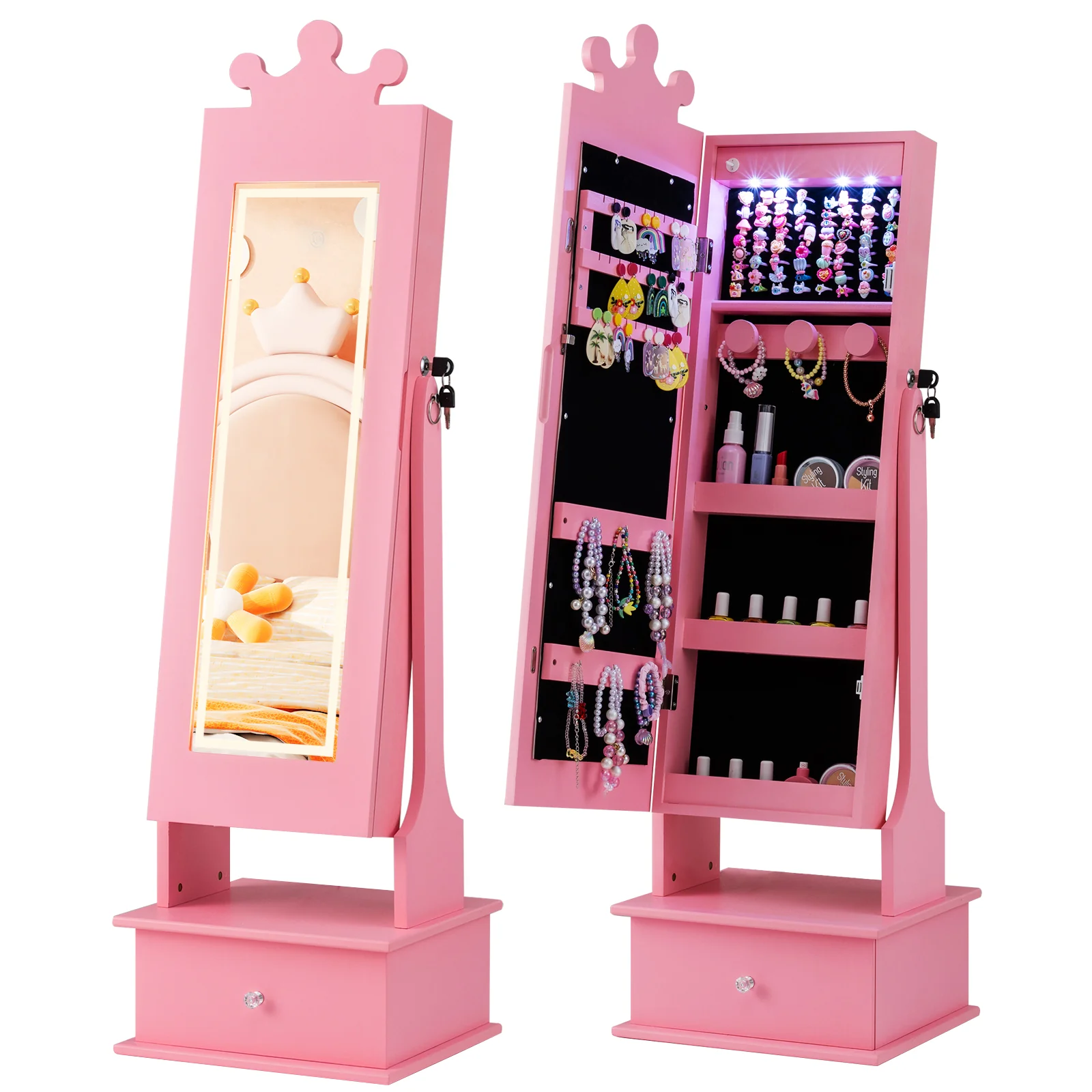 Kids Jewelry Armoire, With 3-Color Lighted Full Length Mirror, Pink - Image 4