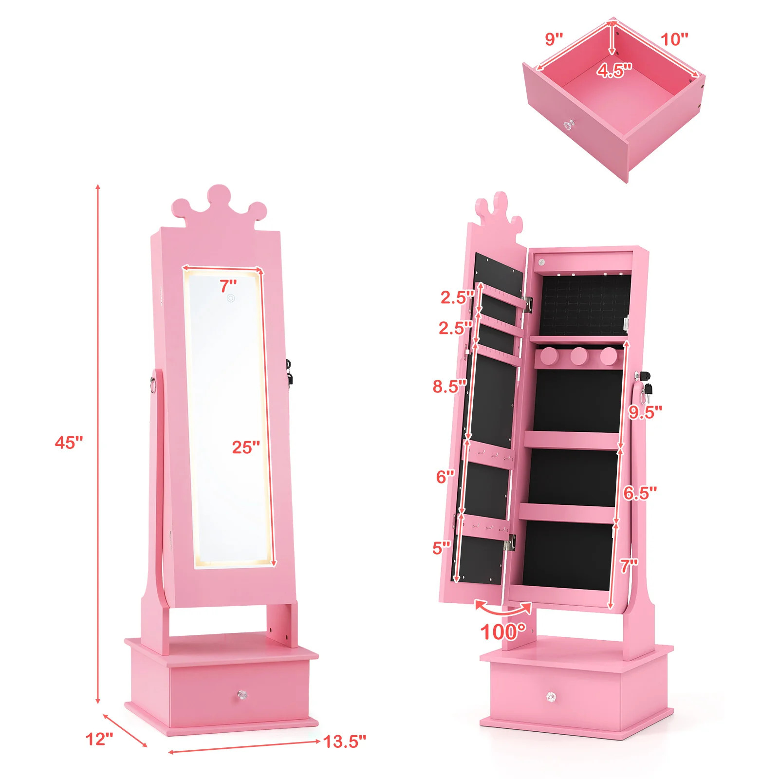 Kids Jewelry Armoire, With 3-Color Lighted Full Length Mirror, Pink - Image 5