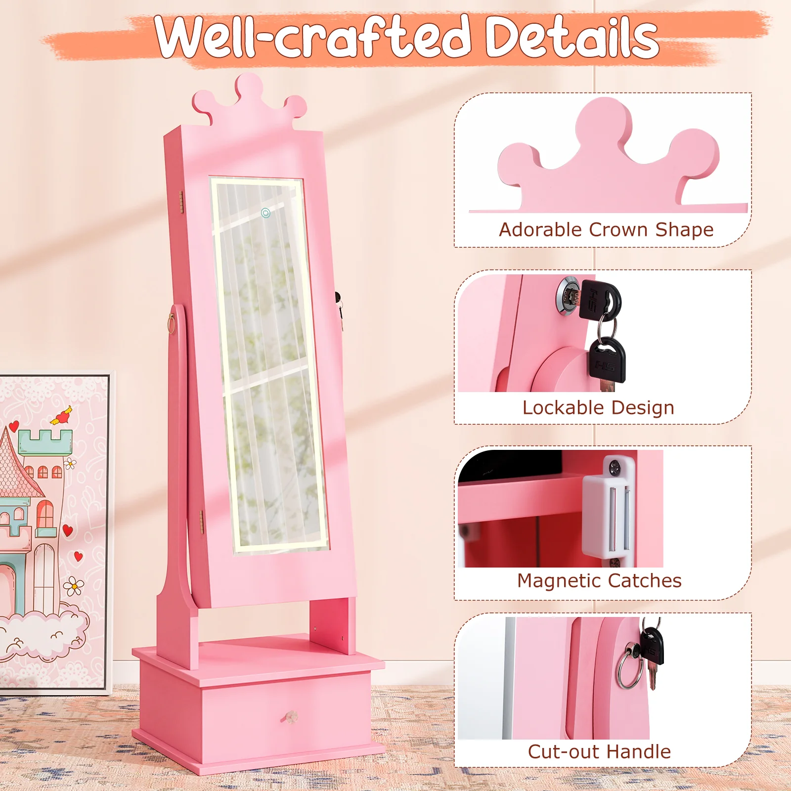 Kids Jewelry Armoire, With 3-Color Lighted Full Length Mirror, Pink - Image 7