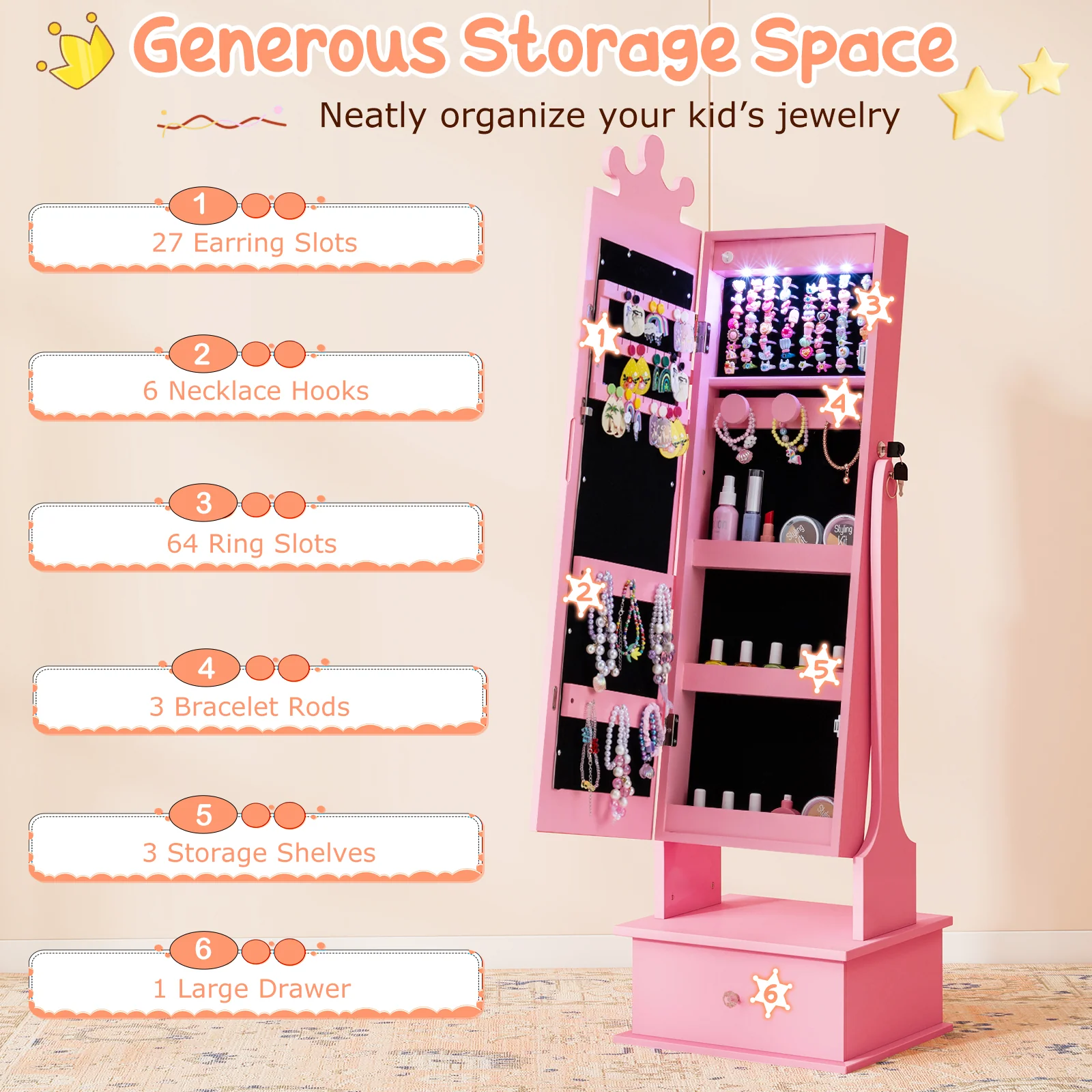 Kids Jewelry Armoire, With 3-Color Lighted Full Length Mirror, Pink - Image 8